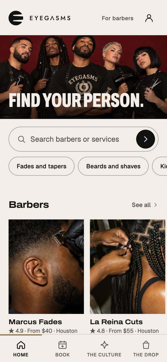 EYEGASMS app screen: the barbers list with photos, specialties and the next open times.