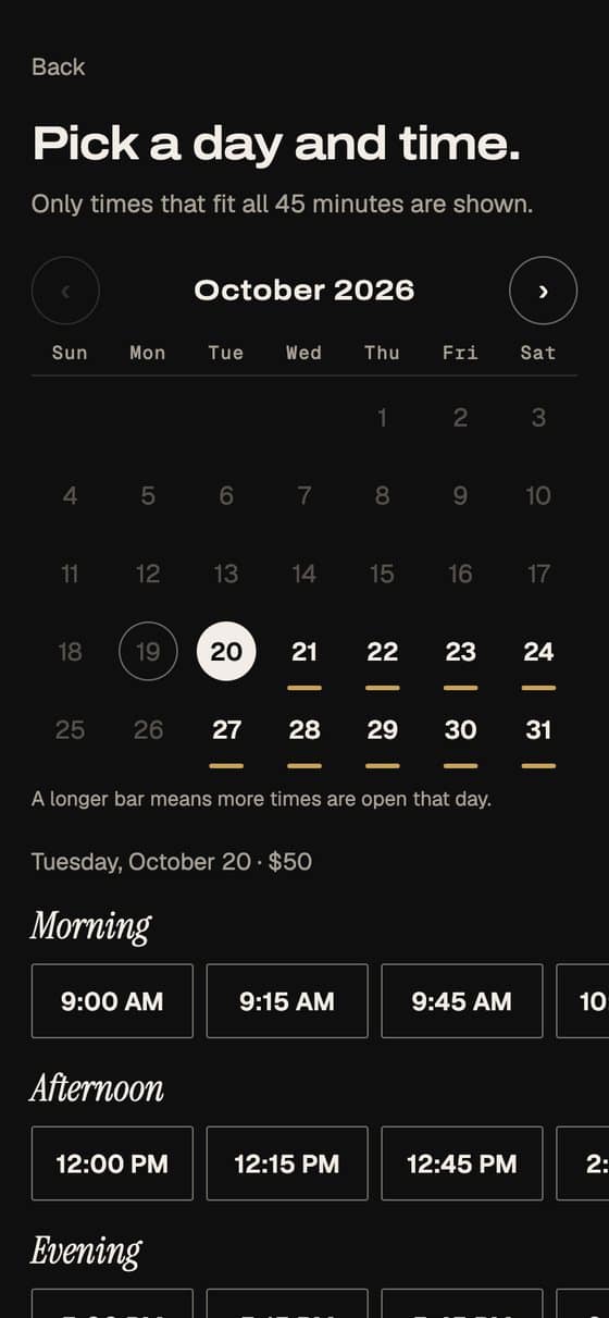 EYEGASMS app: a client picks a day and time, each time showing its full price.