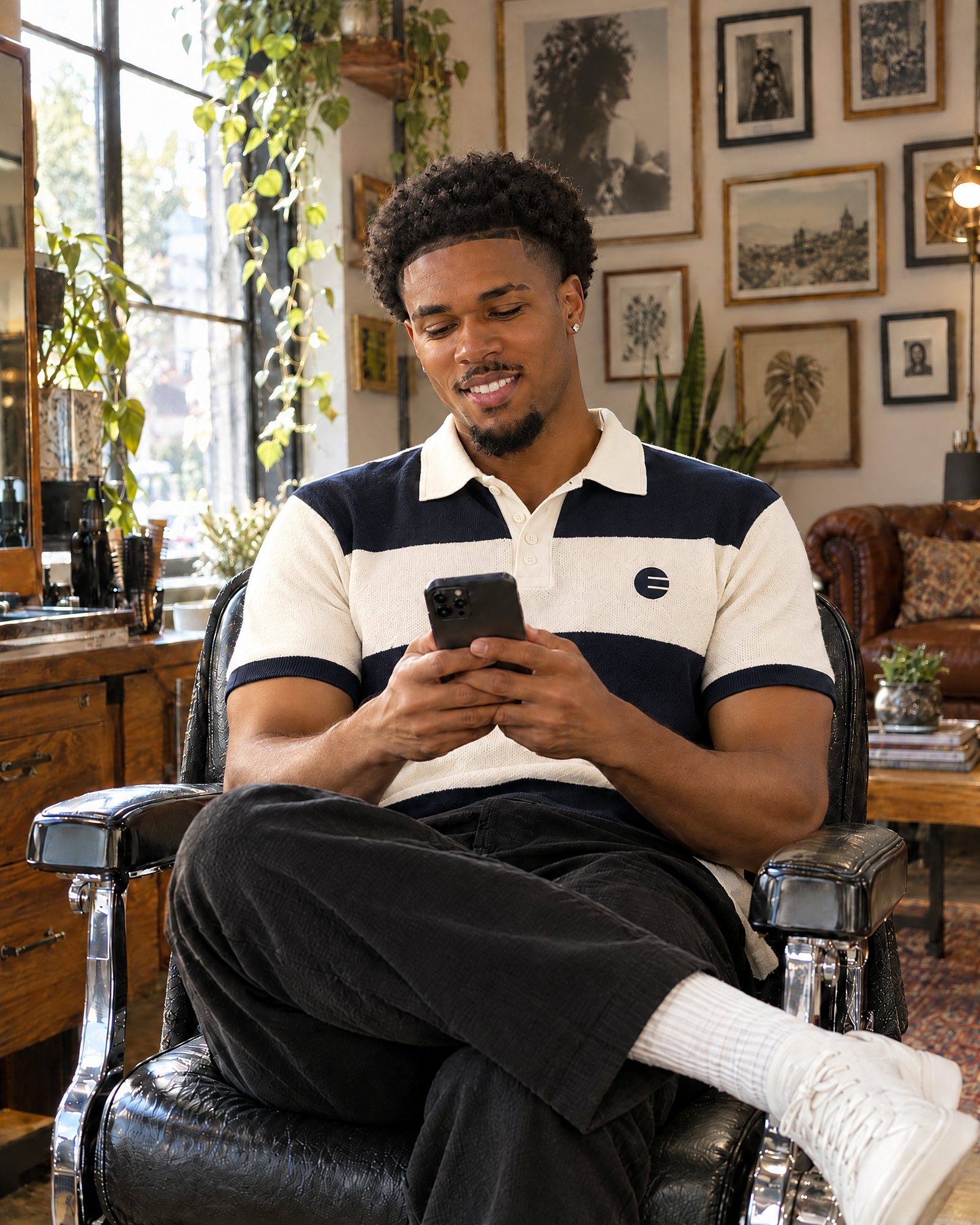 A man with a neat natural afro in the EYEGASMS Signature Polo, a navy and cream colour-block knit with the E emblem, sits in a black leather barber chair in a sunlit studio, smiling at his phone, framed art and plants behind him.