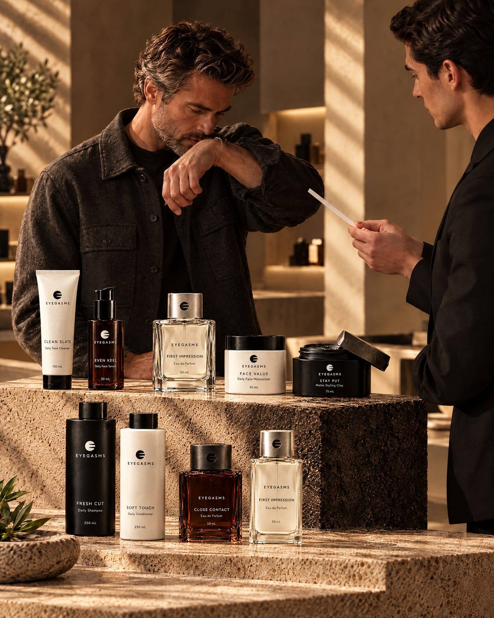 The Atelier: a sculptural travertine counter displays the Grooming Edit, bone and black bottles, amber pumps and square flacons; a man in a charcoal overshirt tests a fragrance on his wrist while an associate holds a blotter.