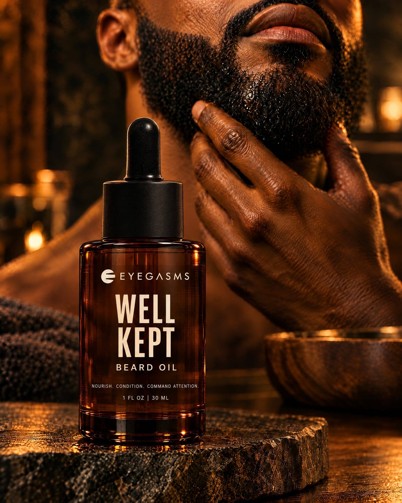 Well Kept, beard oil, by EYEGASMS: a 30 mL amber glass bottle with a black dropper, a man running his hand through a full, sharply lined beard behind it.