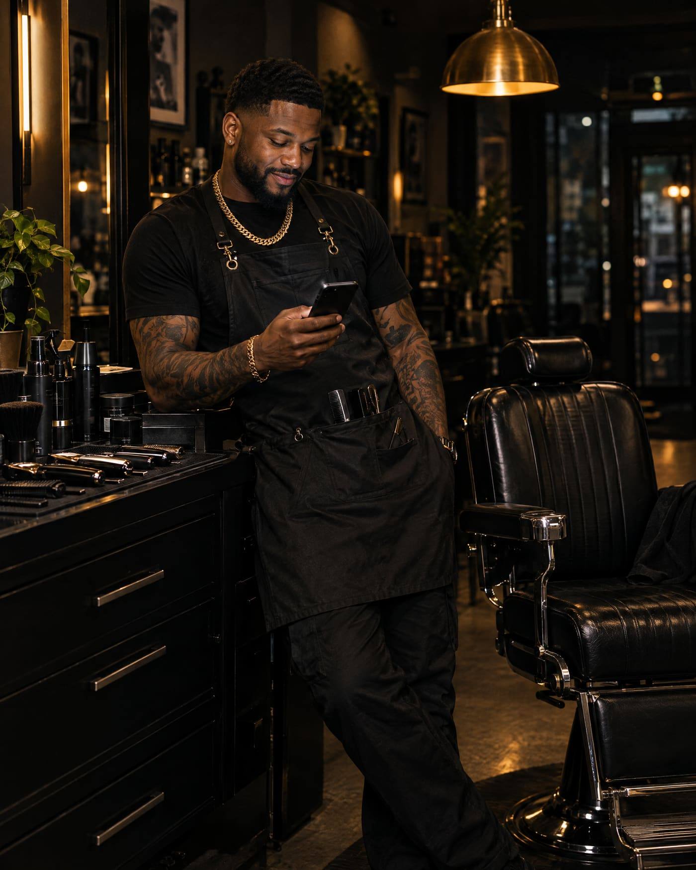 A Black barber in a black apron and gold chain leans on his station after the last client, smiling at his phone, a leather chair beside him under warm gold light.