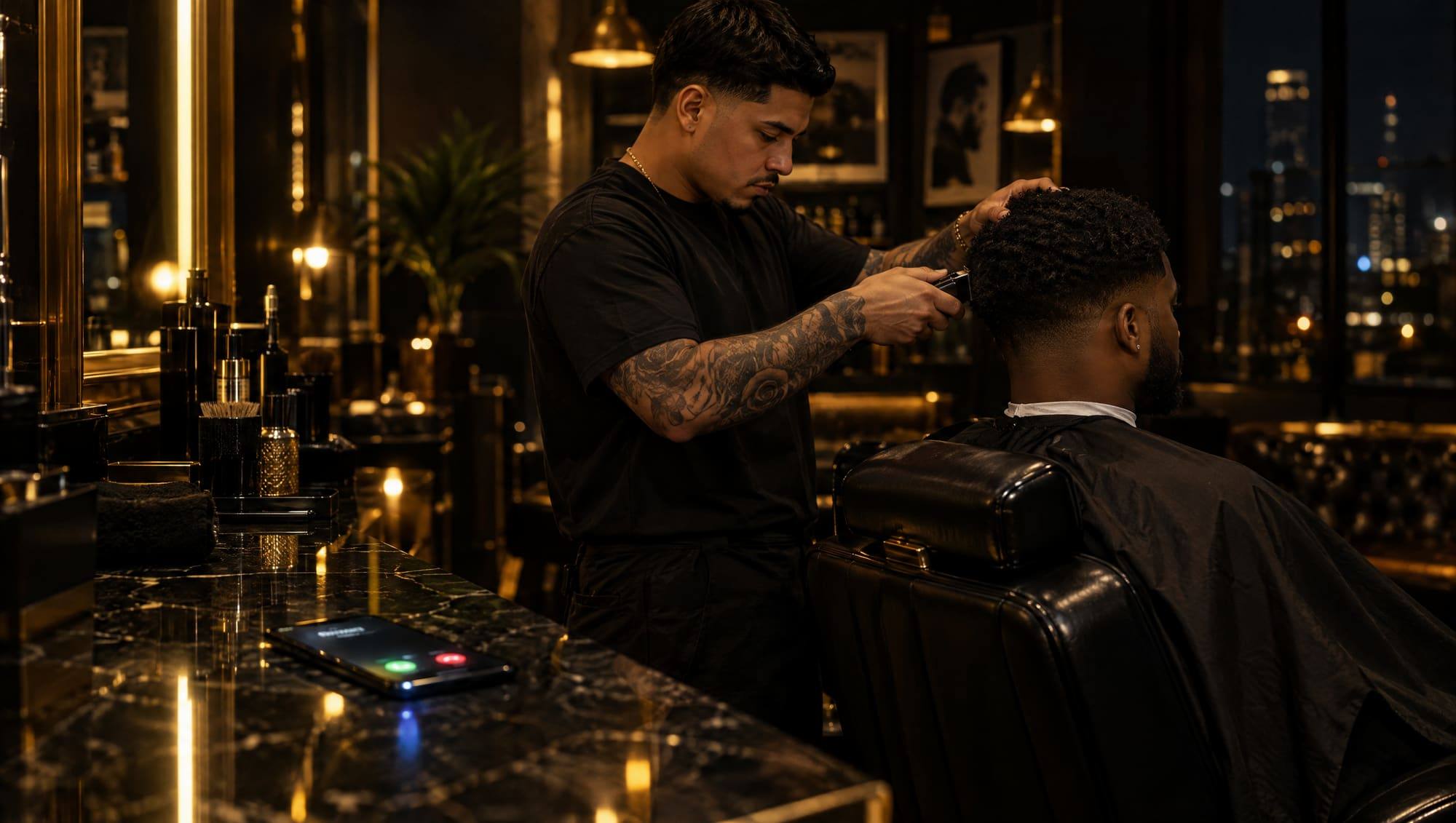 A Latino barber cuts a precise taper on a client while a phone lights up with an incoming call on the black marble station in front of him.