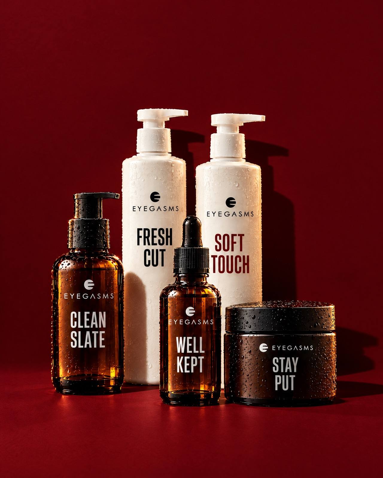 Clean Slate, Fresh Cut, Soft Touch, Well Kept and Stay Put grouped on oxblood paper.
