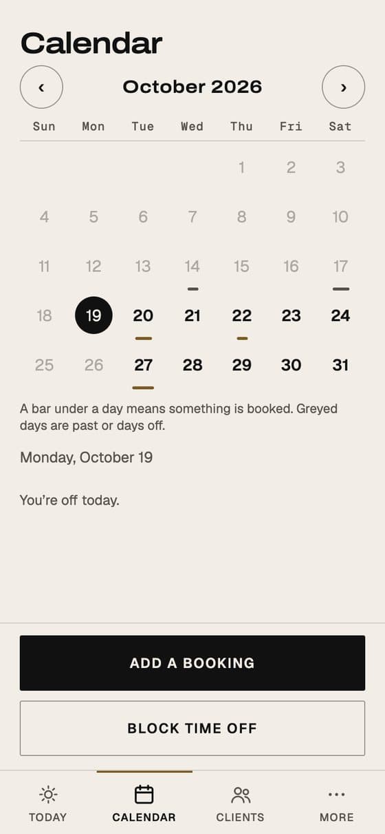 EYEGASMS app screen: a month calendar for a barber, with booked days marked, the day's timeline and an Add a booking button.
