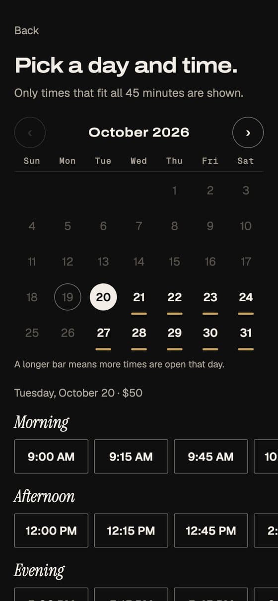 EYEGASMS app screen: Pick a day and time, a month calendar with open days marked and morning, afternoon and evening times.