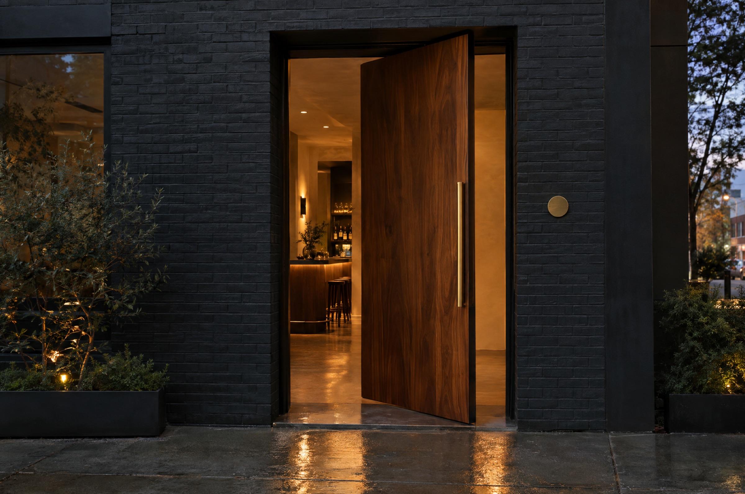 Arrival at dusk: a tall walnut pivot door half open in a black brick facade, warm light inside.