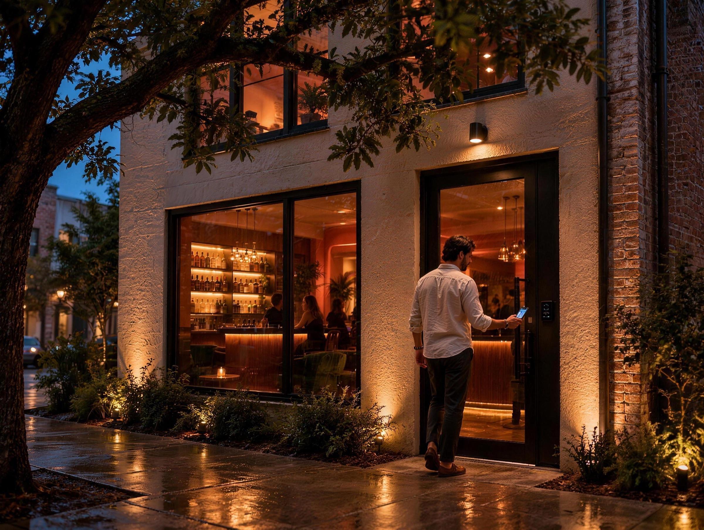 Arrival at blue hour: a client unlocks a black steel-and-glass door with a phone under a live oak, the lounge glowing inside.