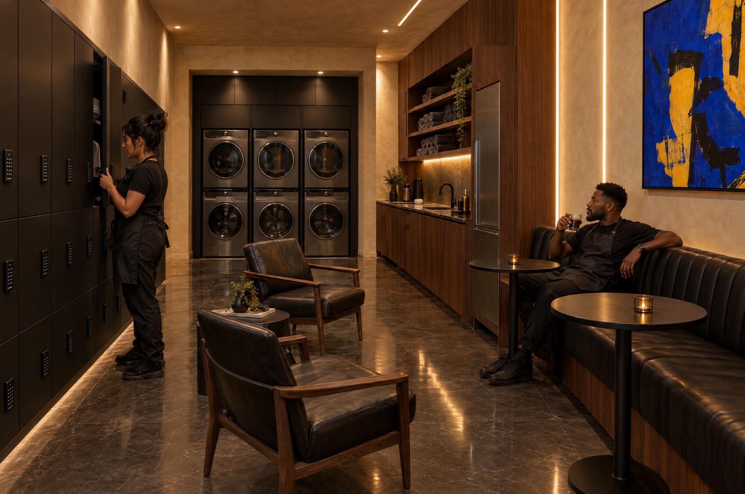 Backstage, the resident lounge: a wall of black keypad lockers on the left, three stacked washer and dryer towers at the end, a walnut kitchenette with a refrigerator, and a leather banquette where a barber takes a break while another opens her locker.