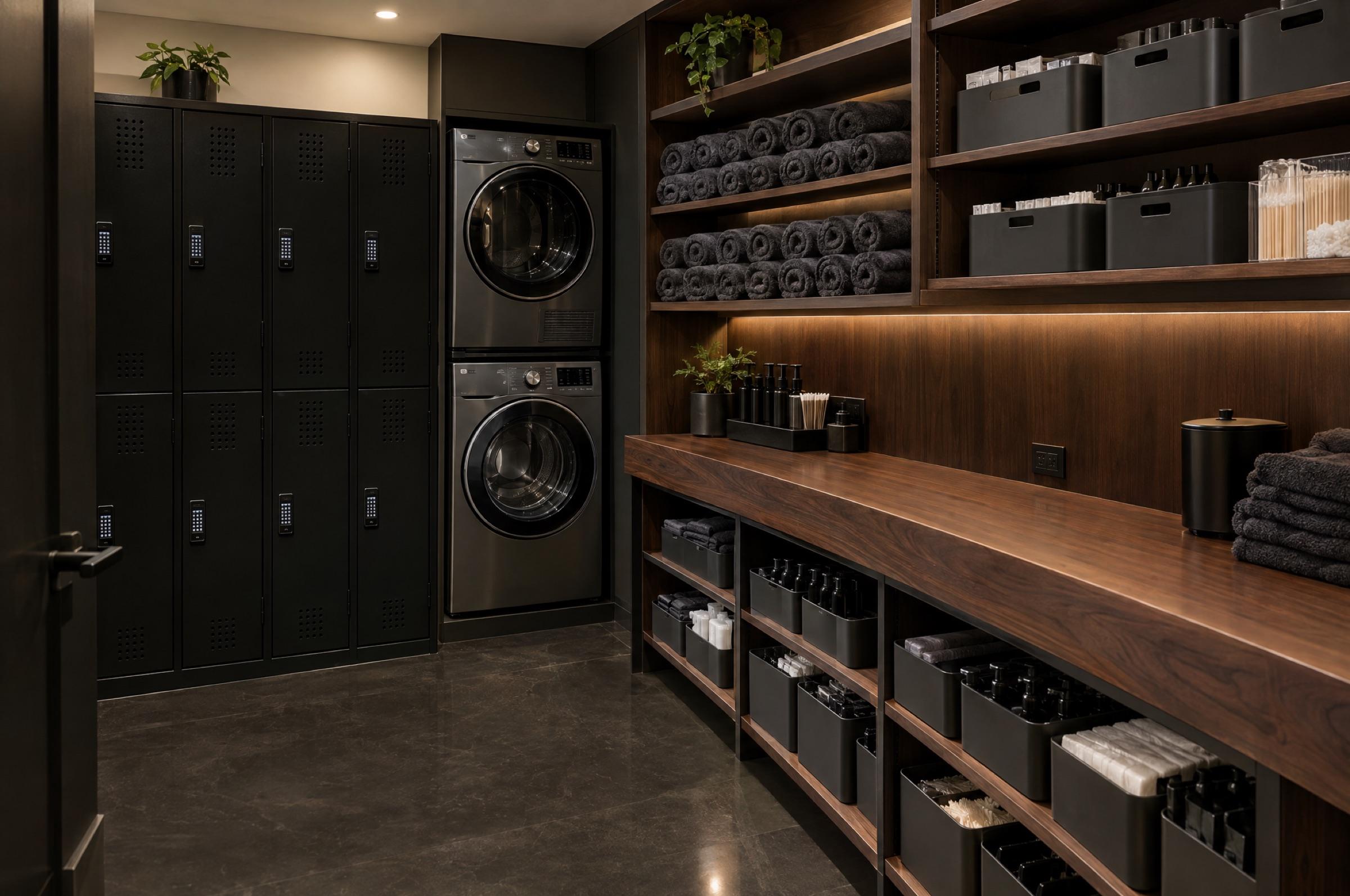 Backstage: black resident lockers with keypads, a stacked washer and dryer, a walnut folding counter and neat rows of rolled charcoal towels and supply bins.