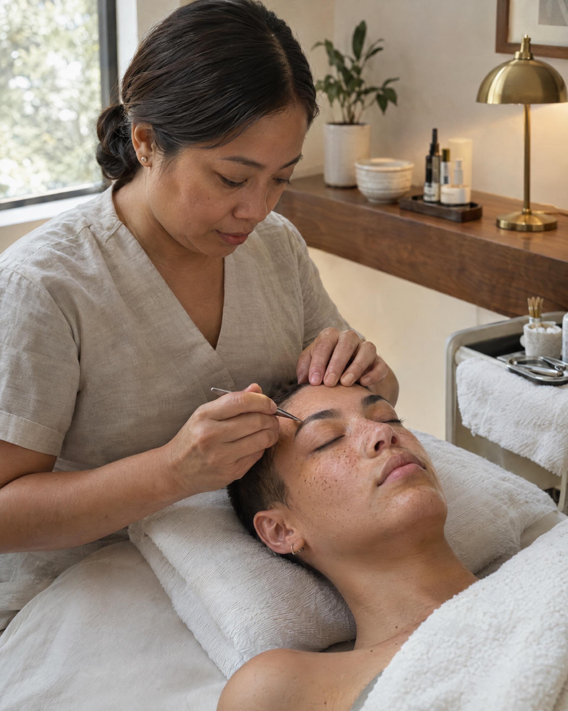An esthetician shapes the brows of a relaxed client lying on a treatment bed.