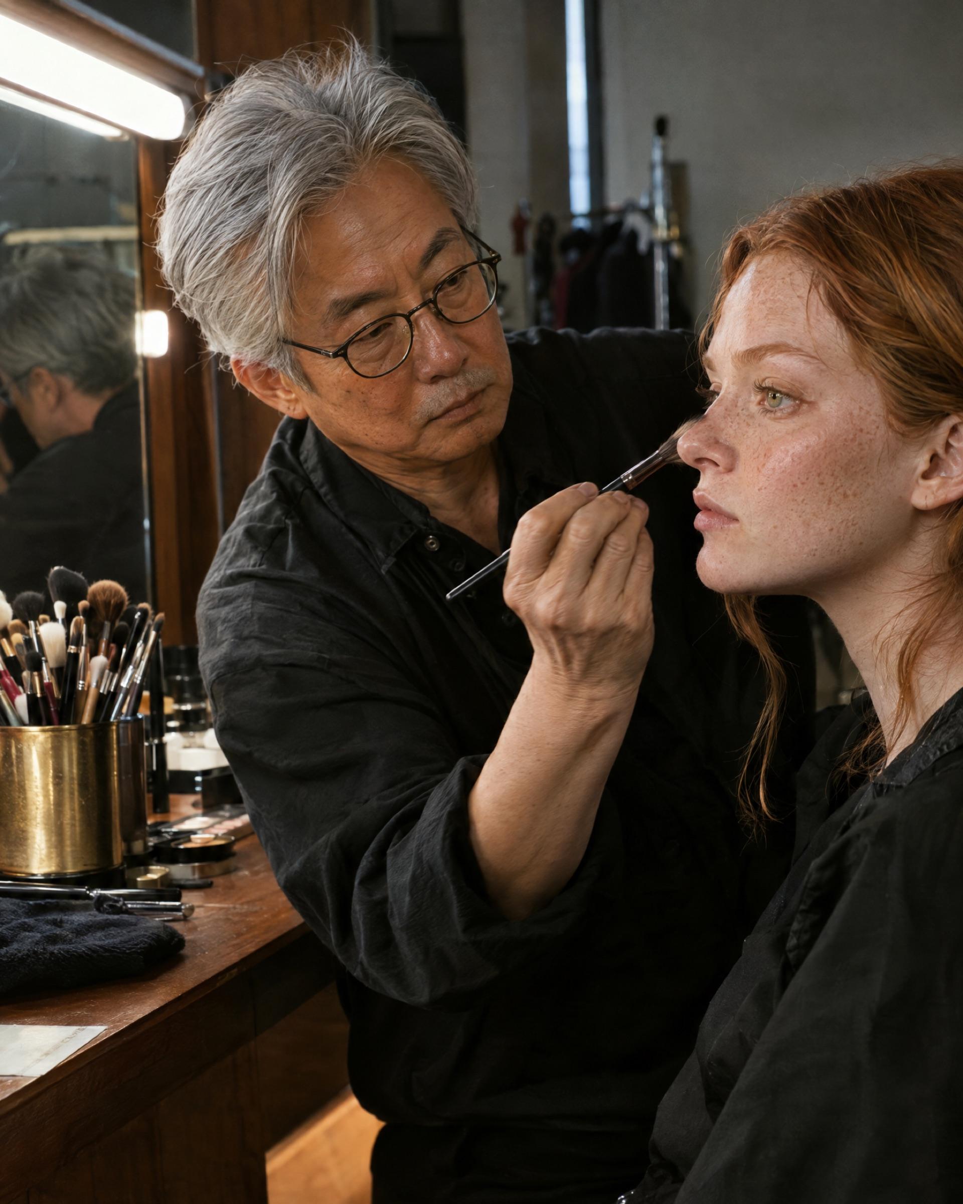 A makeup artist with silver hair applies editorial makeup to a client with red hair and freckles.