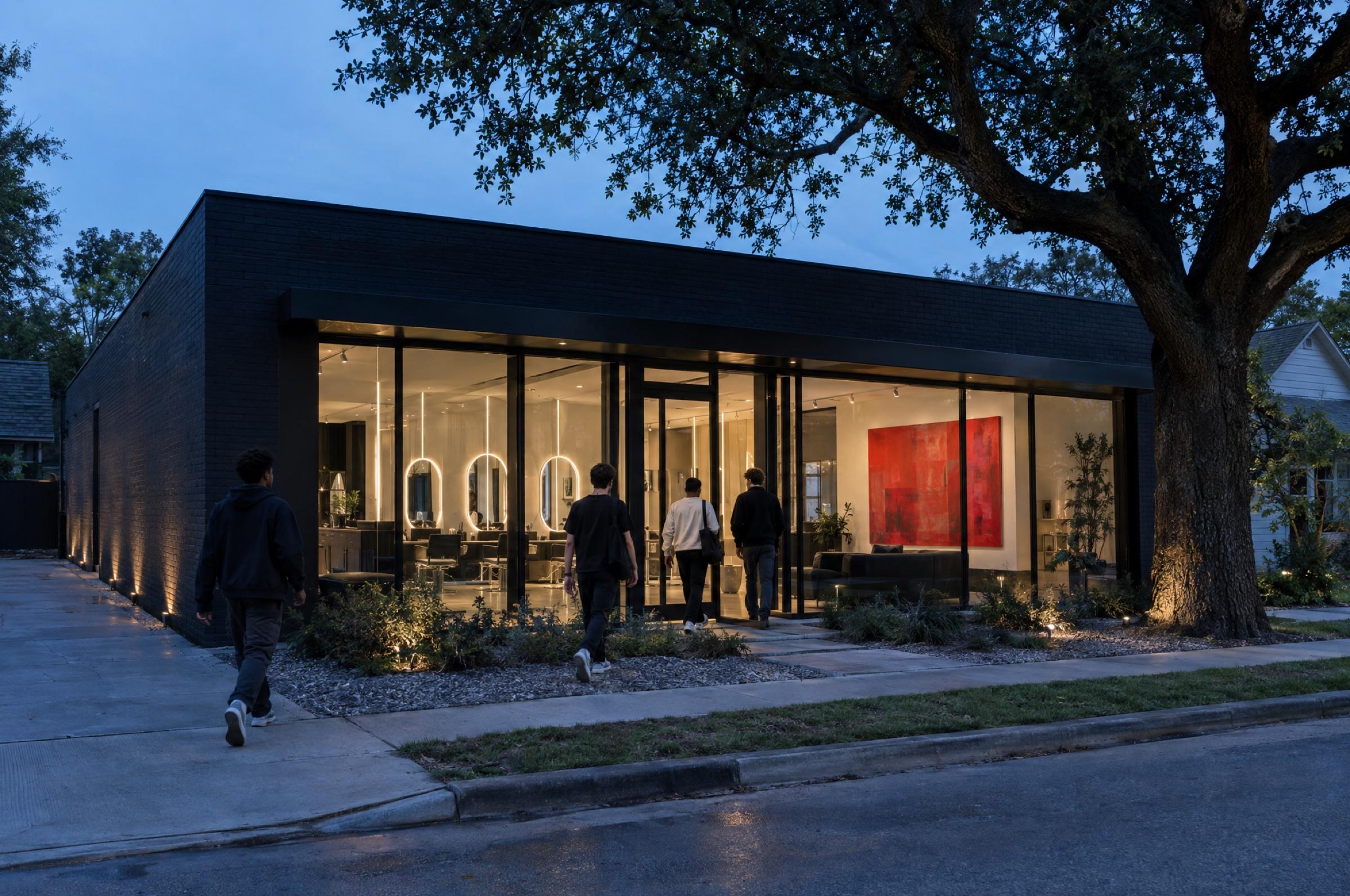 At blue hour, a single-story black brick and steel storefront under a live oak, glass walls showing glowing oval mirrors, lines of light and a big red painting inside; people walk in from the street.
