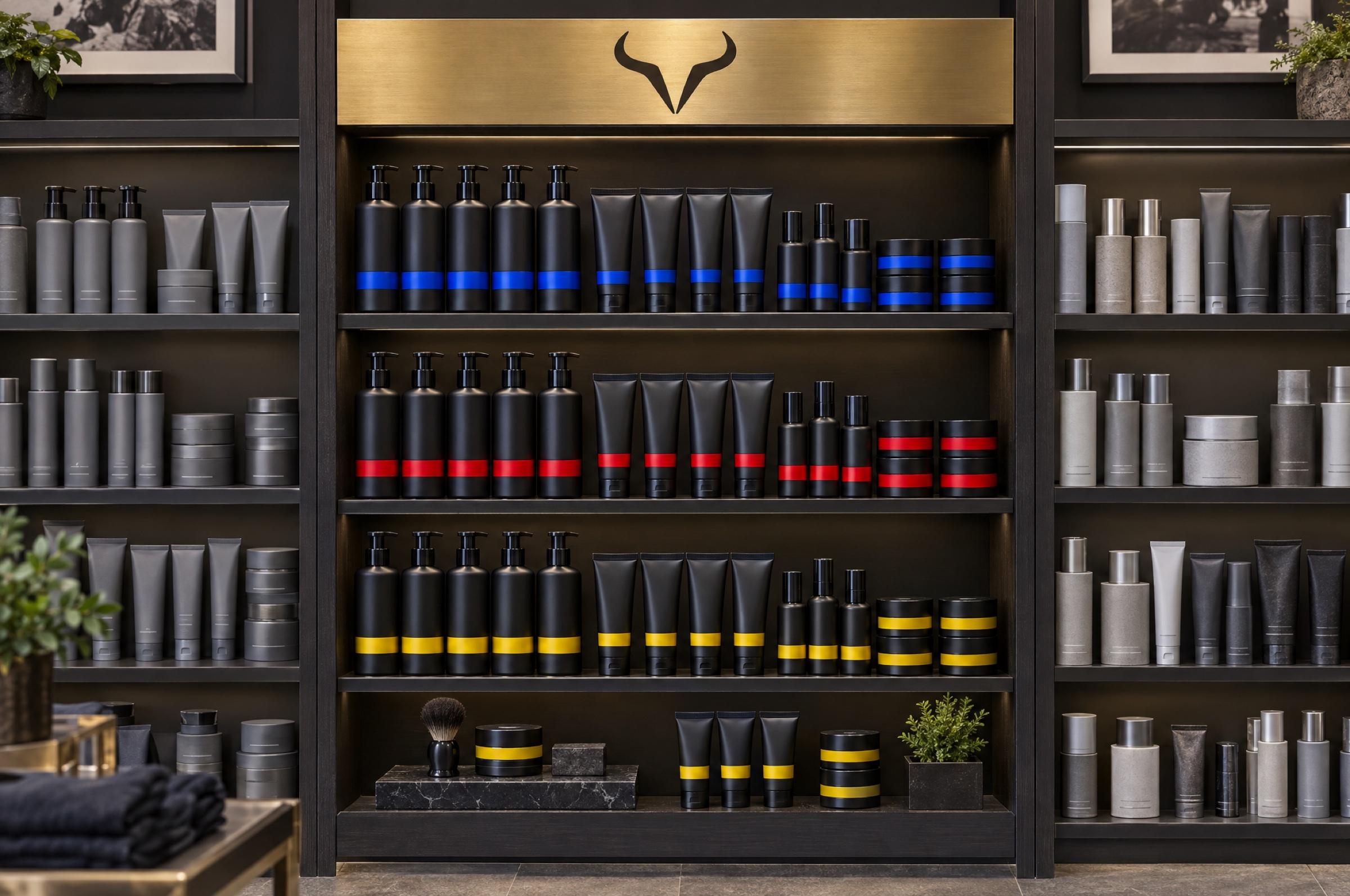 A store shelf bay of EYEGASMIC under a brass horn header: rows of matte black products color-blocked in cobalt, red and yellow, standing out against muted grey products on the neighboring shelves.