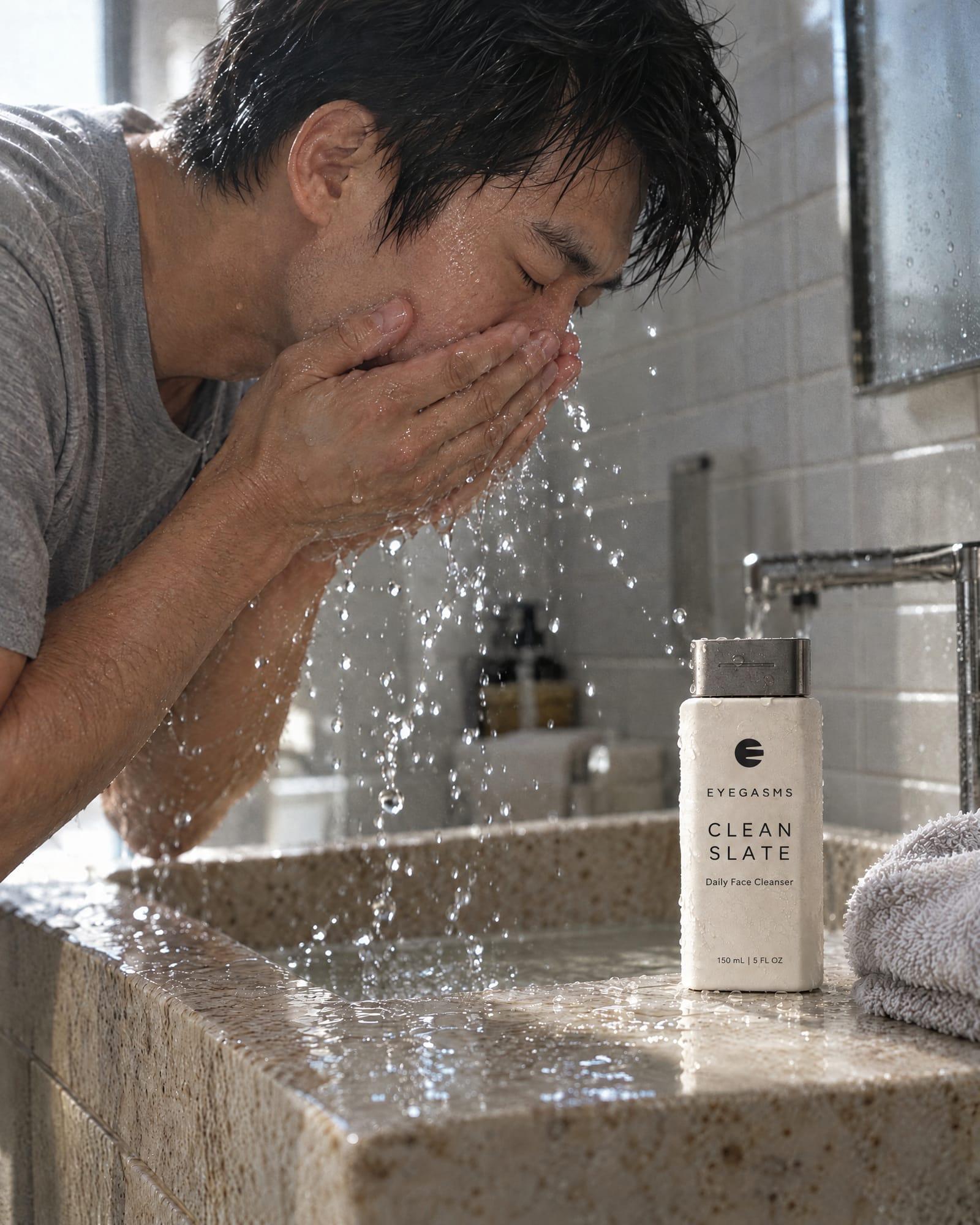 Clean Slate, daily face cleanser, in EYEGASMS E-Form packaging: an East Asian man splashes water on his face at a stone basin; the bone bottle stands at its edge.
