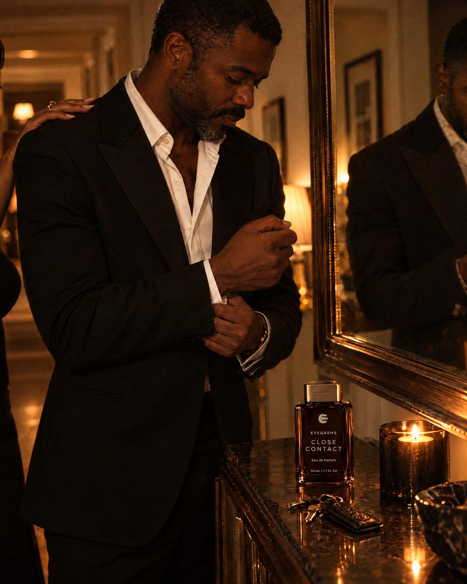 Close Contact, eau de parfum, in EYEGASMS E-Form packaging: a Black man in a dinner jacket adjusts his cuff at a hallway mirror; the espresso flacon stands on the console.