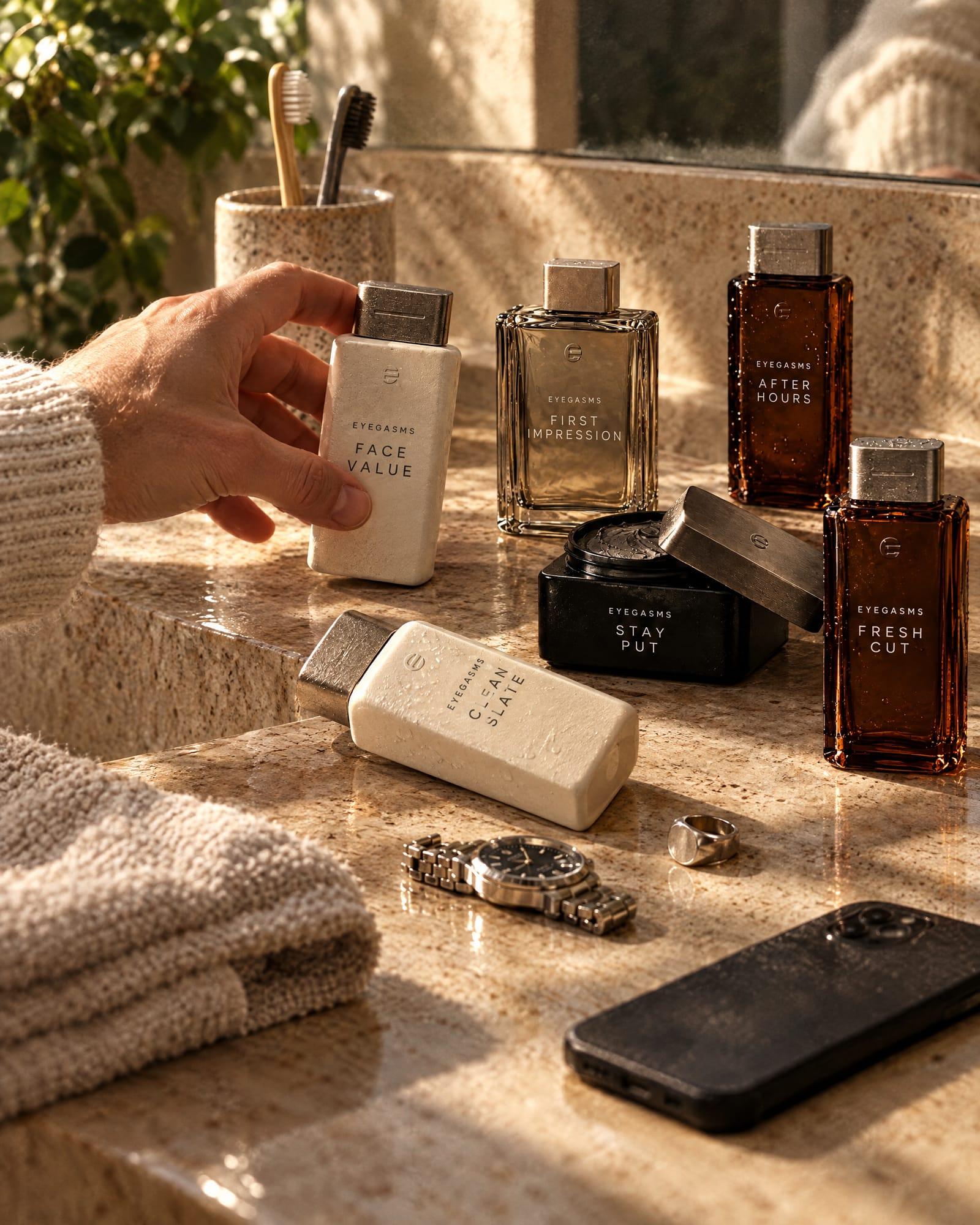 The Grooming Edit on a stone bathroom counter in morning sun, beside a watch, a ring and a folded towel; a hand in a cream knit sleeve reaches for Face Value.