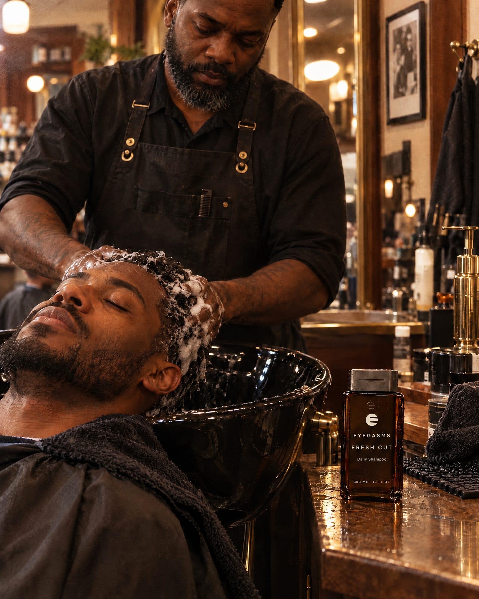 Fresh Cut, daily shampoo, in EYEGASMS E-Form packaging: a barber lathers a client's hair at a black shampoo bowl; the espresso bottle stands on the counter.