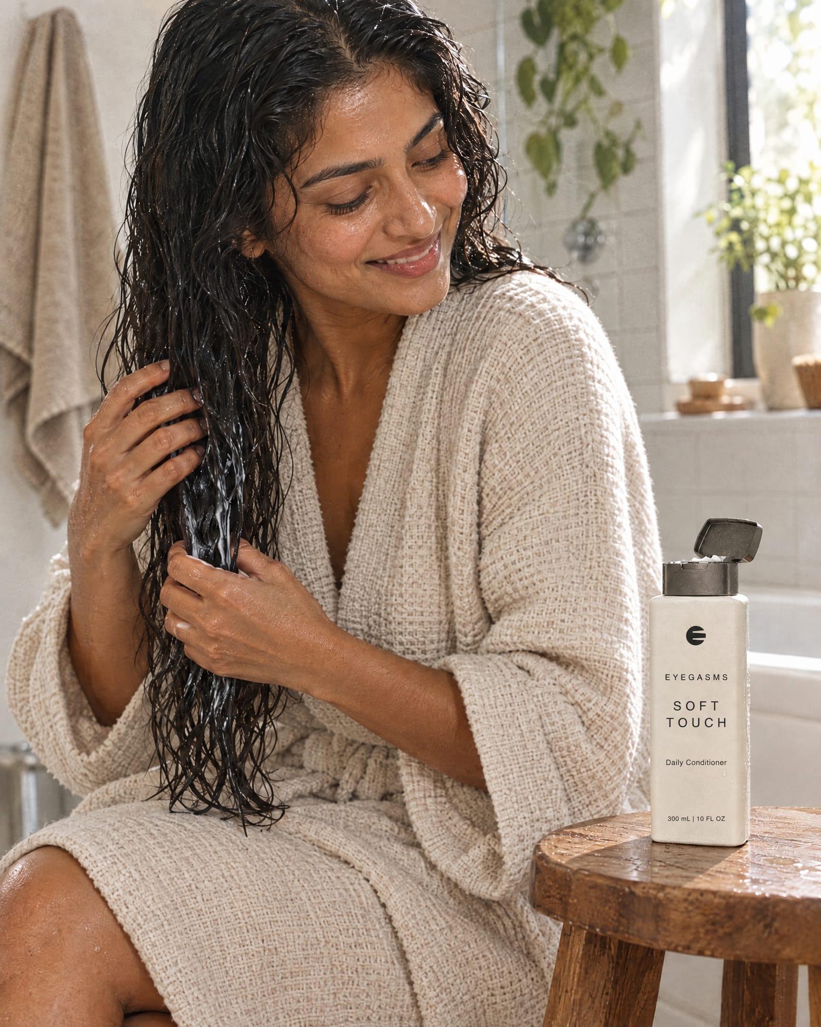 Soft Touch, daily conditioner, in EYEGASMS E-Form packaging: a South Asian woman in a waffle robe combs conditioner through wet hair; the bone bottle sits on a stool.