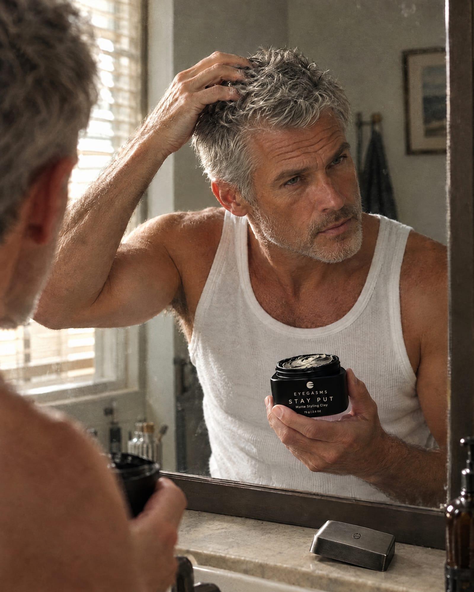 Stay Put, matte styling clay, in EYEGASMS E-Form packaging: a silver-haired man works clay through his hair at a mirror, holding the open black jar.