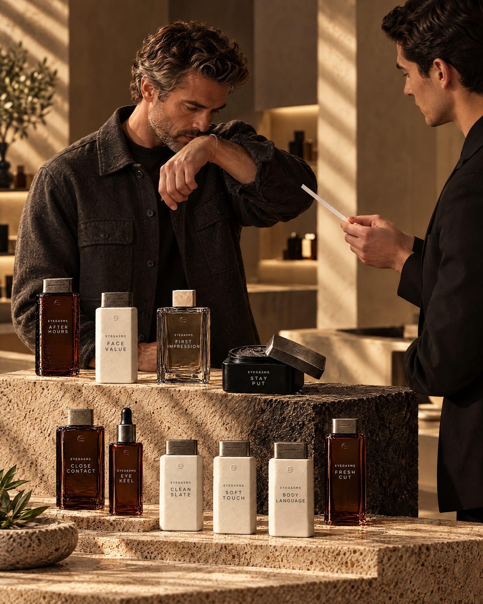The Atelier: a sculptural travertine counter displays the Grooming Edit in espresso and bone bottles with gunmetal caps; a man in a charcoal overshirt tests a fragrance on his wrist.