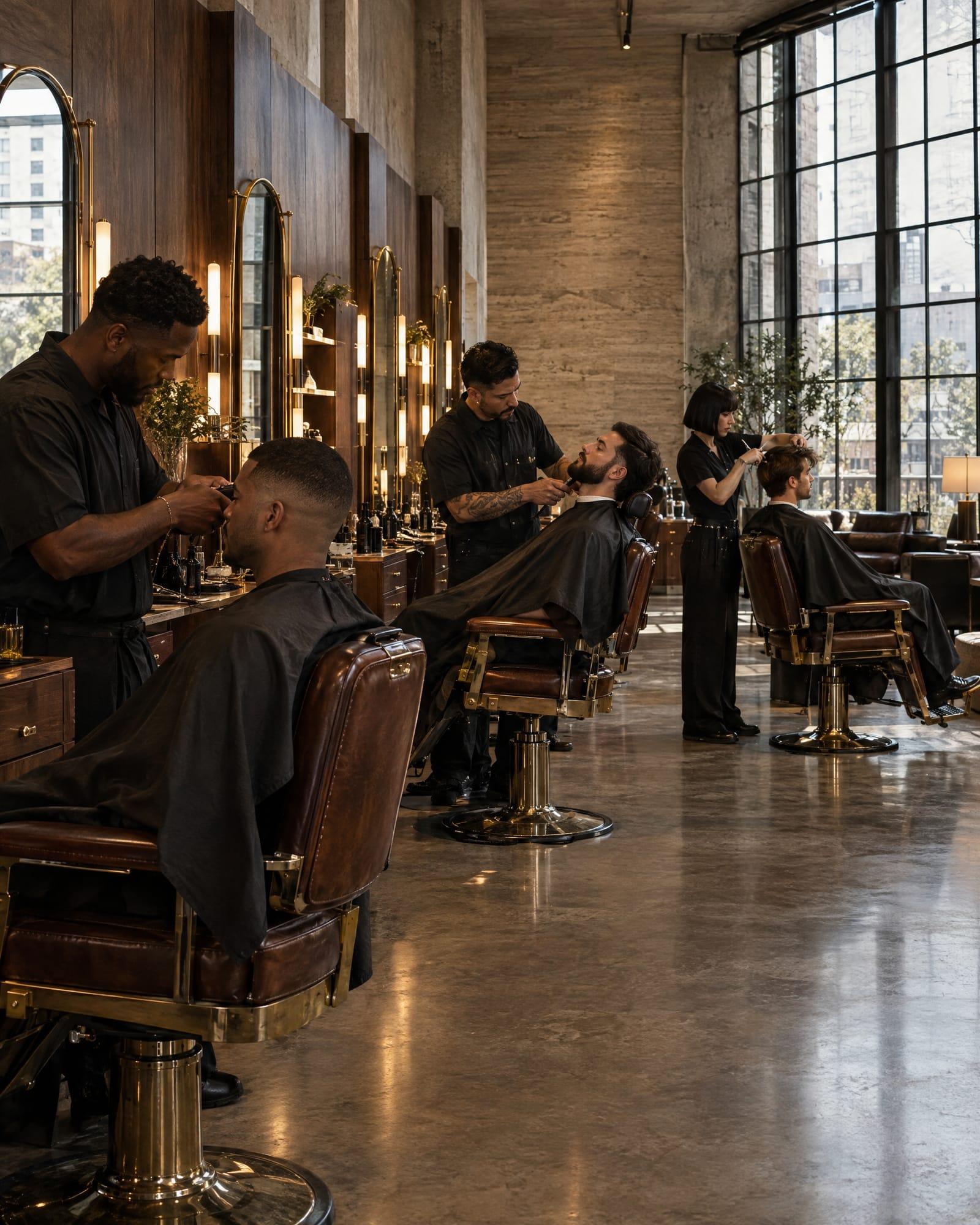 The MainStage: a long open barber floor in a concrete-and-travertine building, walnut and brass stations with leather chairs; a Black barber fading a client, a Latino barber lining up a beard and a woman barber cutting with scissors.