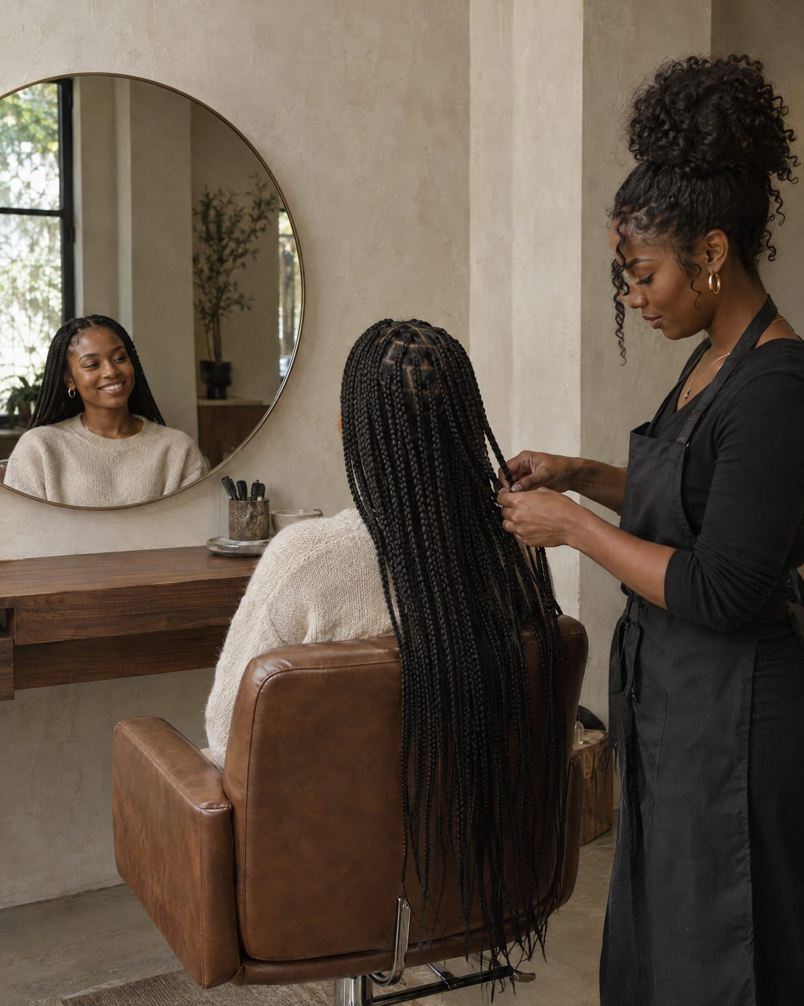 The Studios: in a private plaster-walled studio, a Black woman stylist finishes long knotless box braids on a smiling client seated in a leather chair.