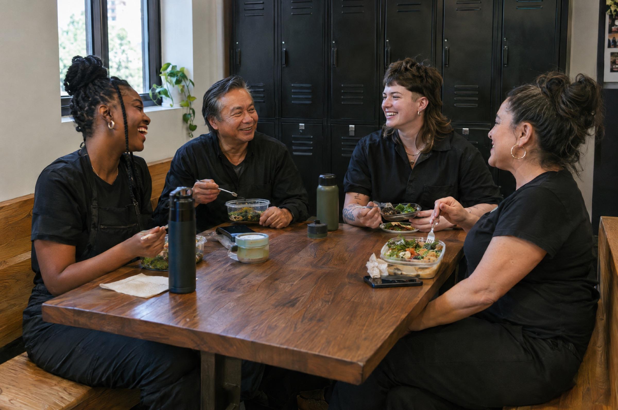 The Green Room: four colleagues share lunch and laugh around a walnut table in front of steel lockers.