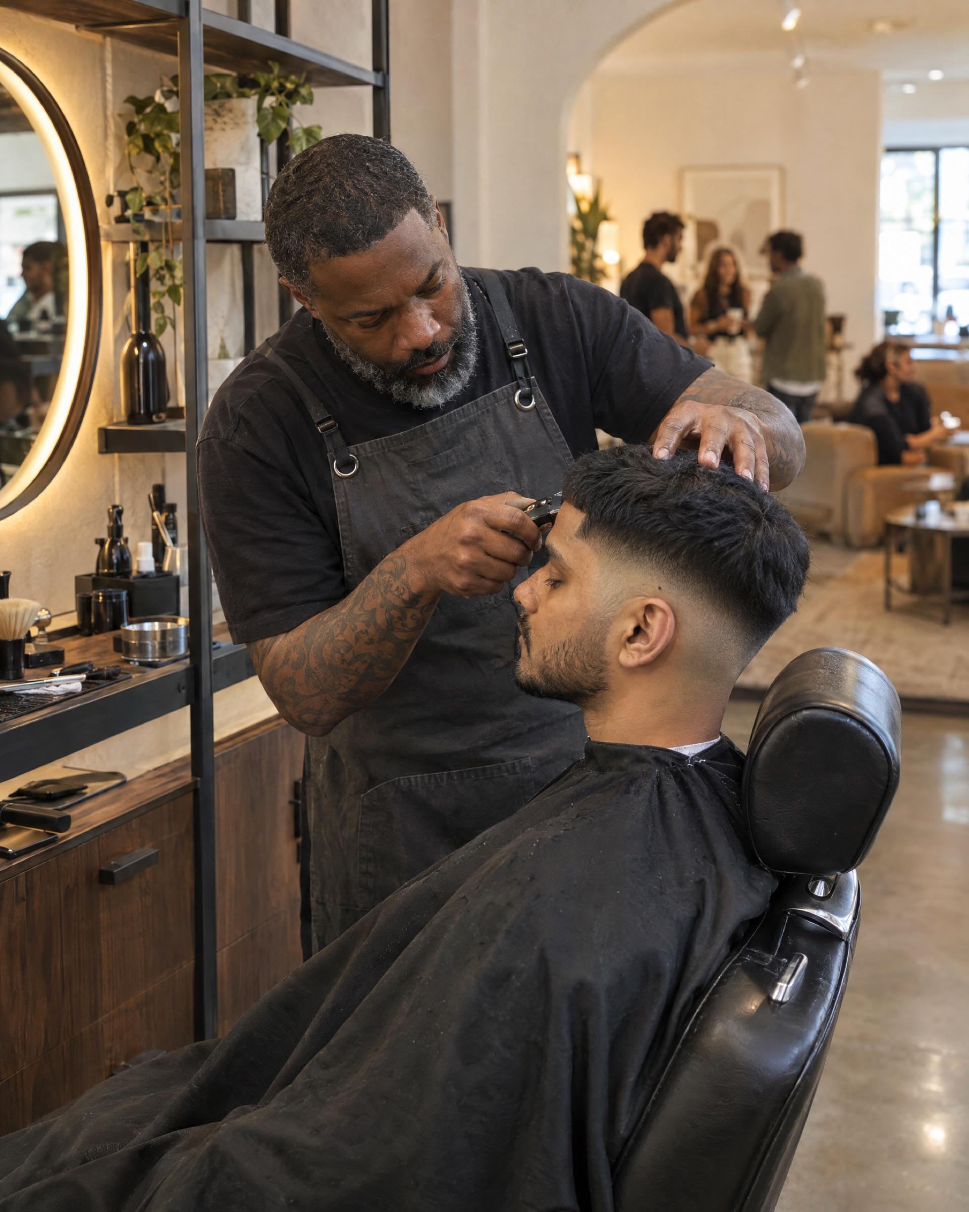 A barber lines up a skin fade at an open station, the busy lounge softly blurred behind.