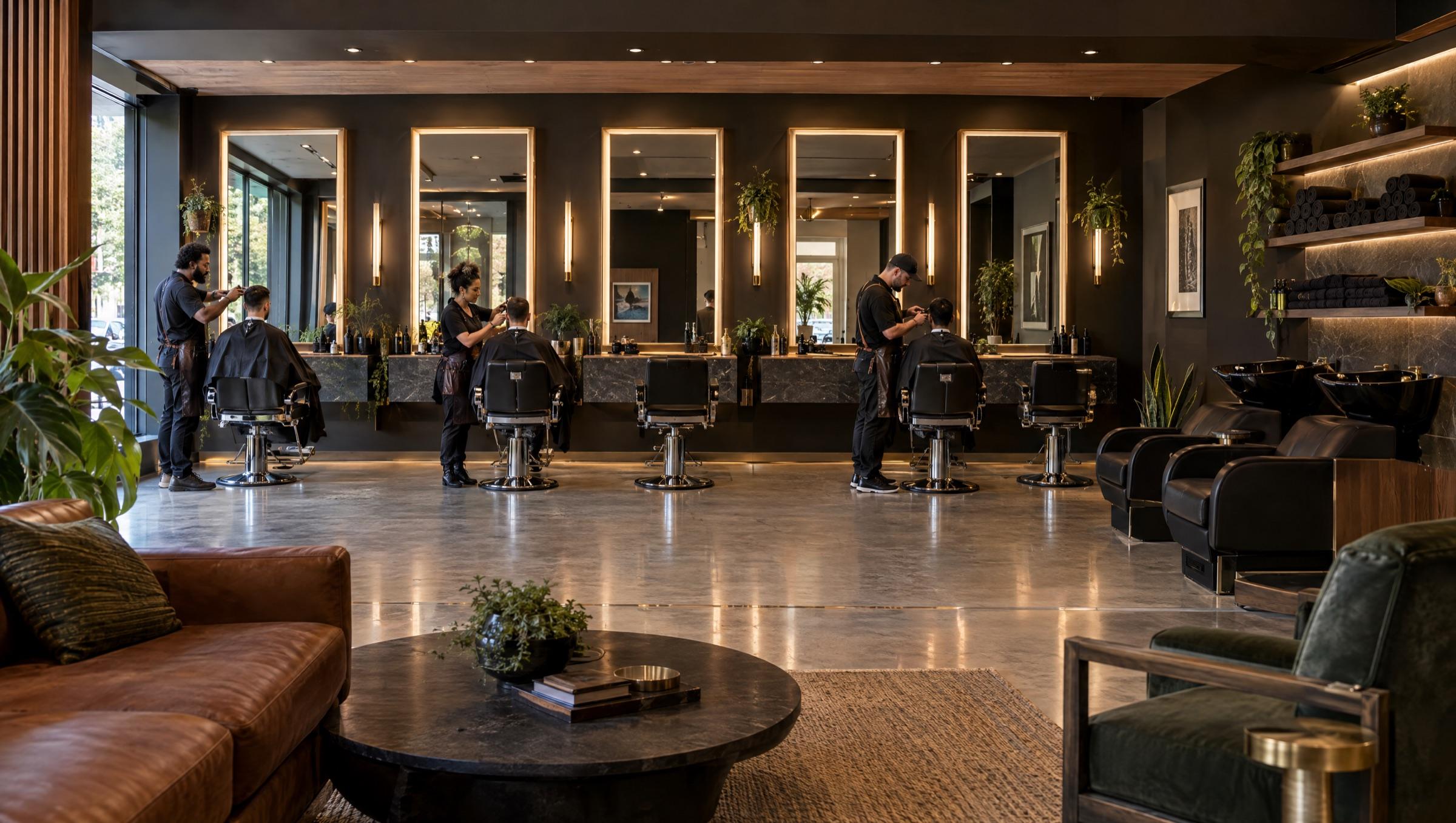 MainStage: an open bay facing the lounge with five floating stations and tall lit mirrors along the back wall, barbers of different backgrounds at work, and two reclining shampoo chairs at The Rinse to one side.