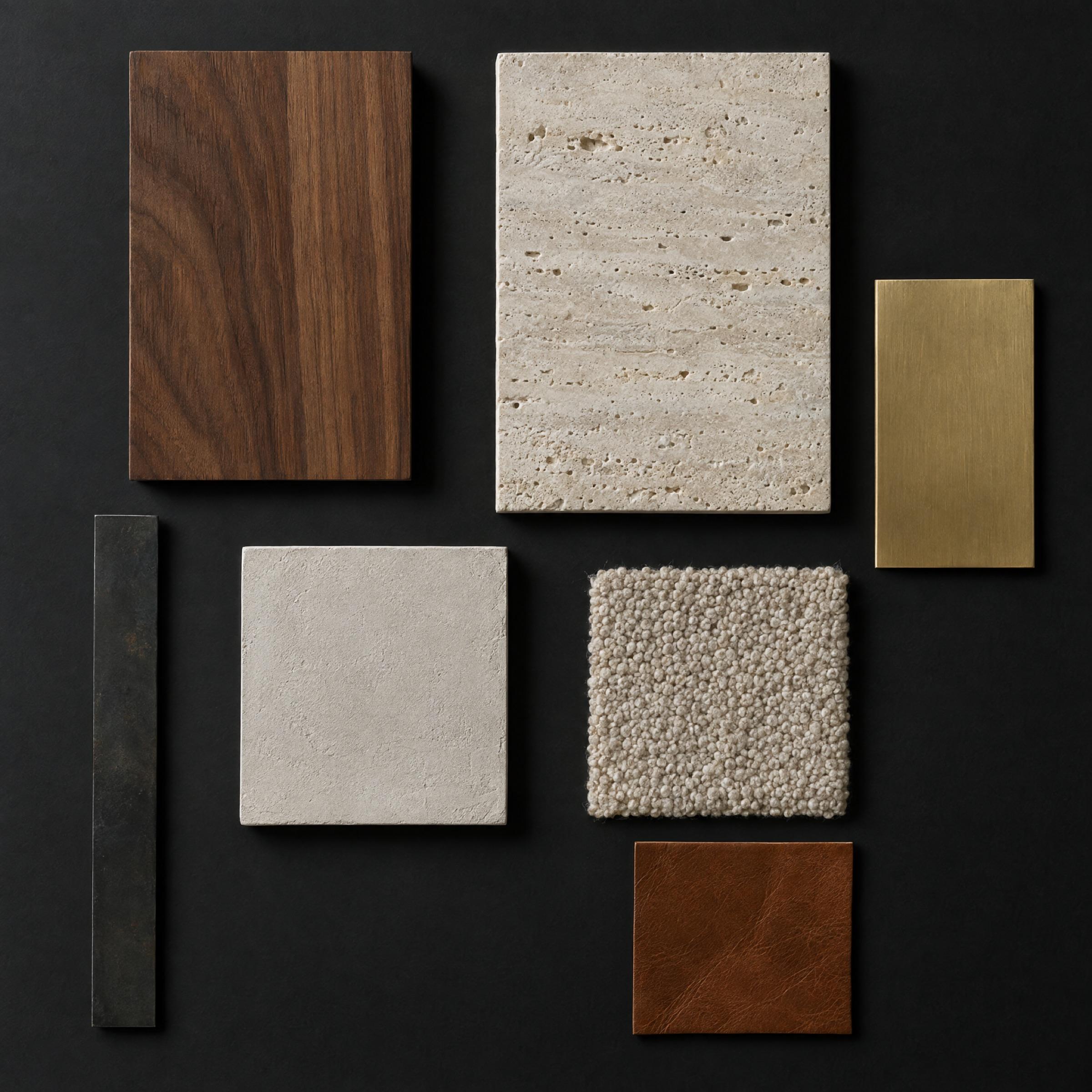 Material board: oiled walnut, honed travertine, brushed brass, blackened steel, limewash plaster, boucle and cognac leather.
