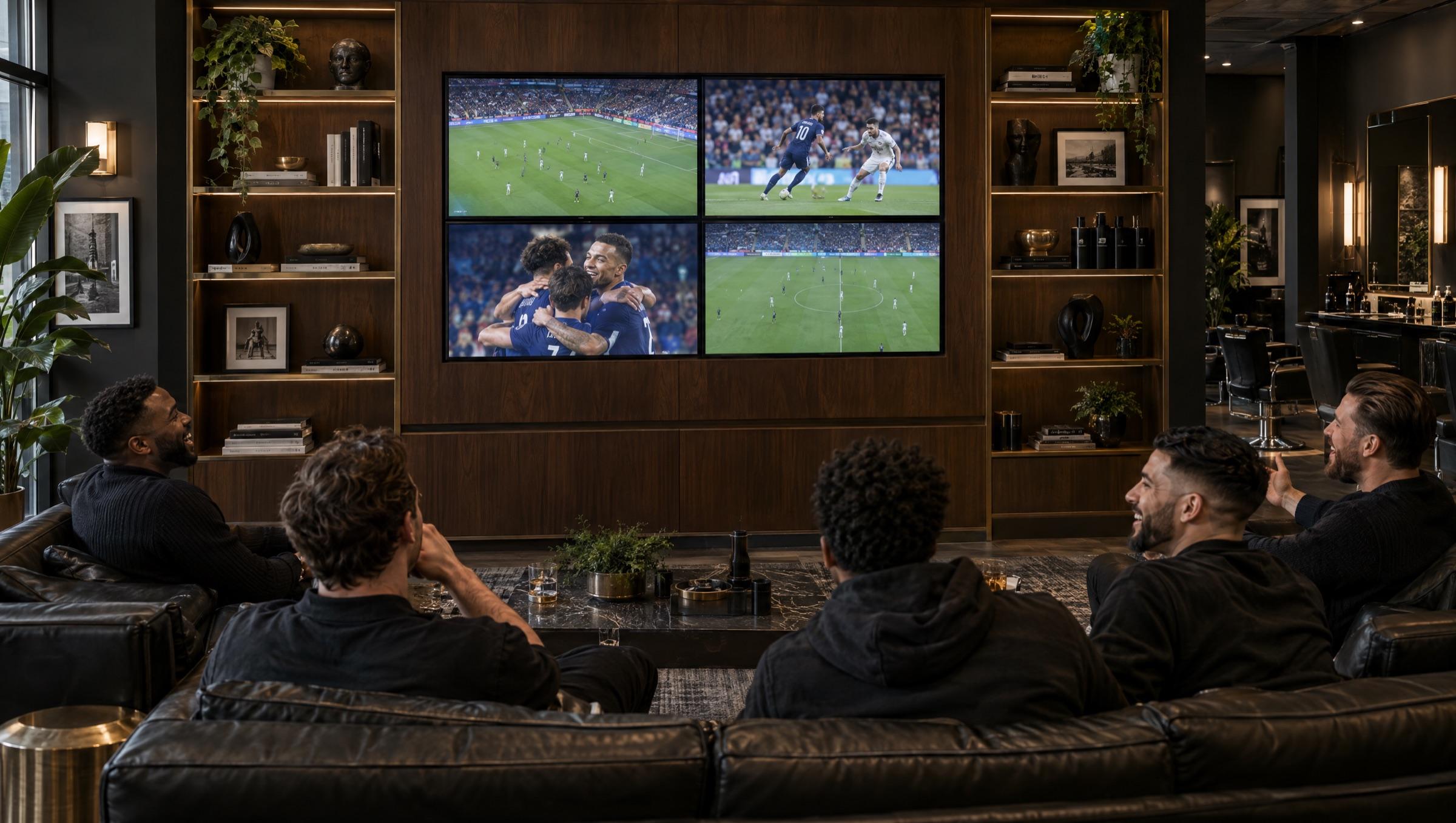 The Media Wall: four screens in a 2-by-2 grid set into walnut paneling with lit shelves of books and objects on each side; men on leather sofas watch a game together.
