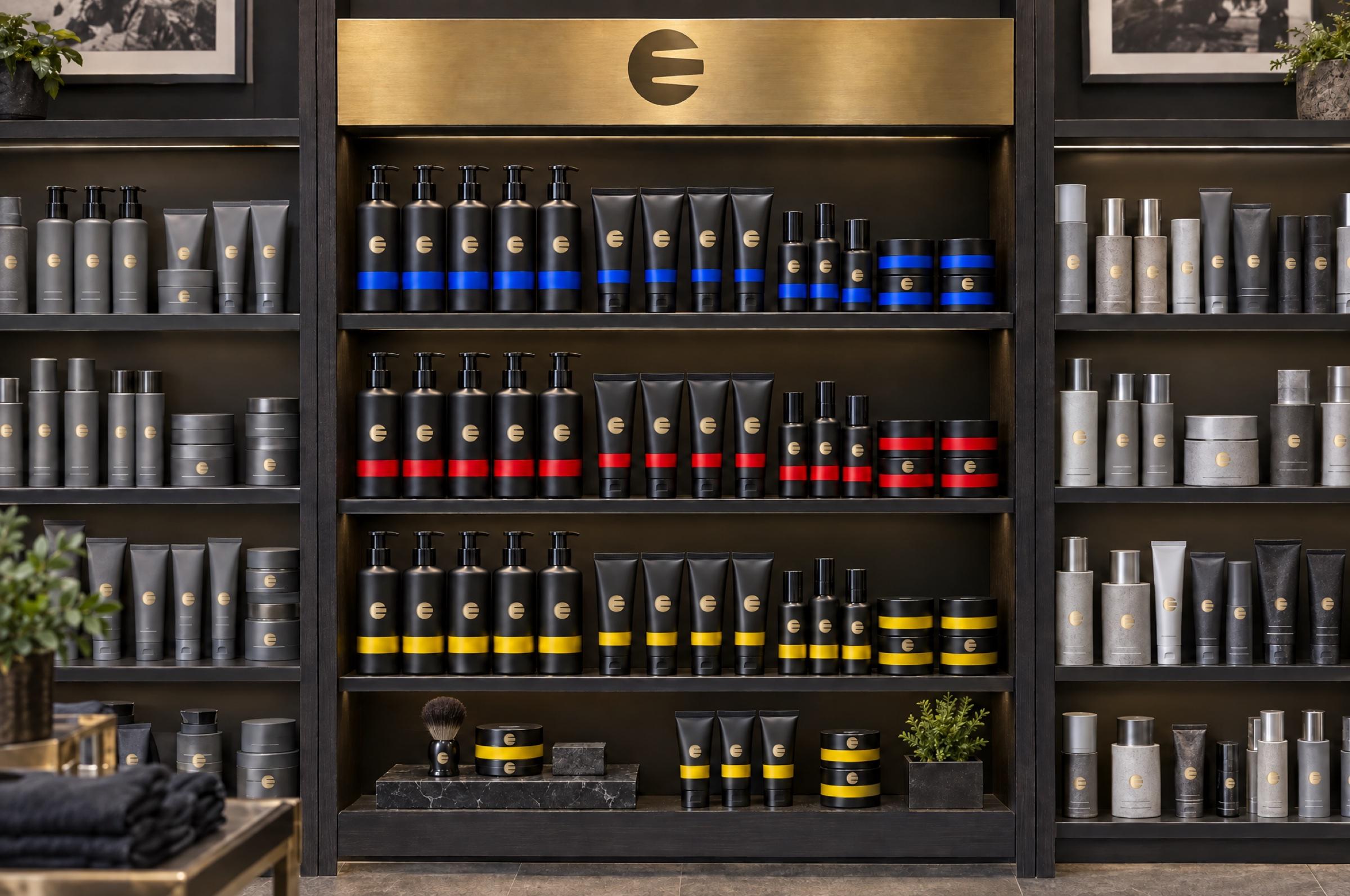 Un estante de tienda con EYEGASMS bajo un letrero de latón con la E: filas de productos negro mate agrupados en cobalto, rojo y amarillo, que resaltan junto a productos grises en los estantes vecinos.
