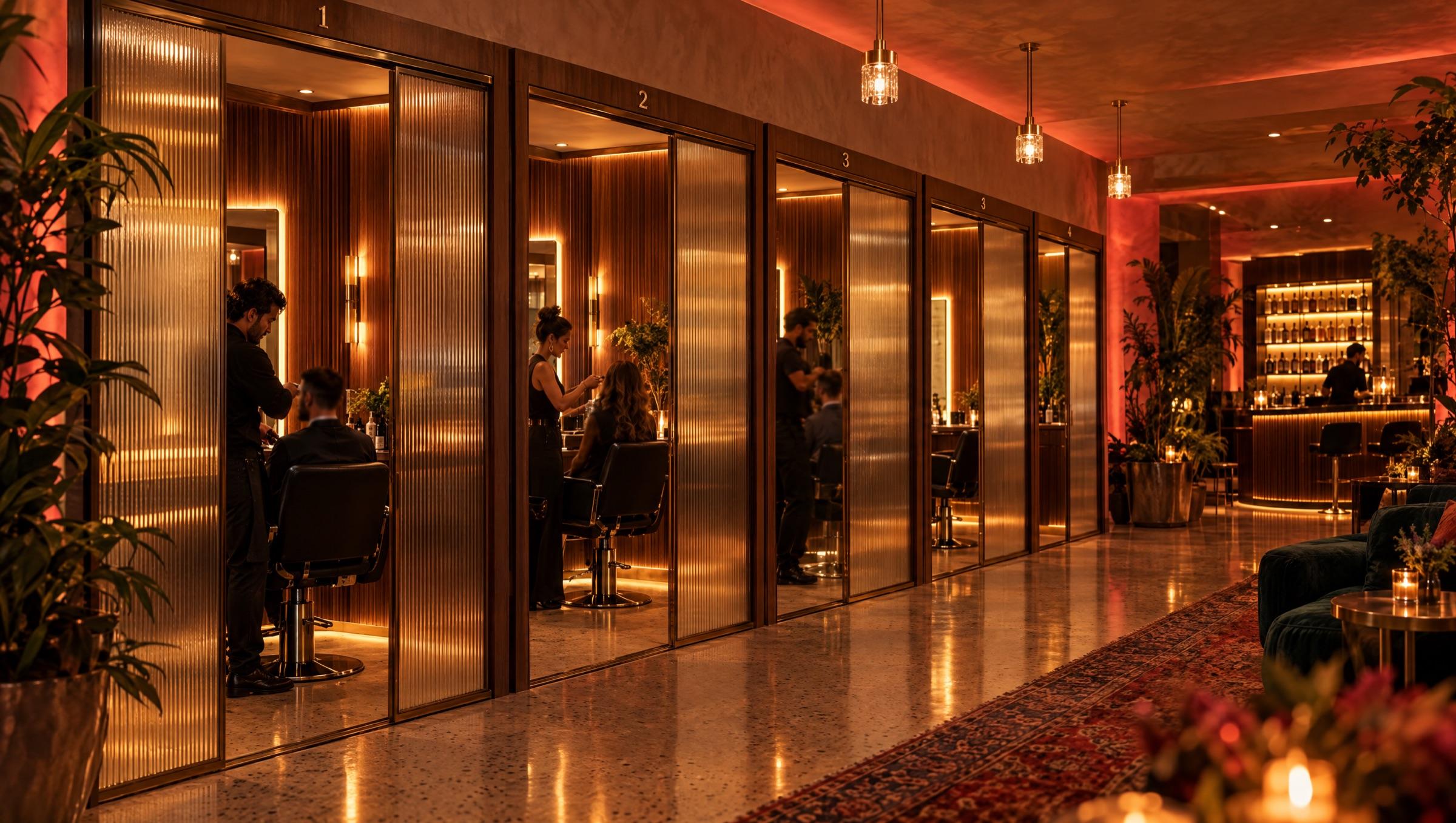 The Main Stage in the evening: a compact row of five semi-private bays behind reeded glass, a barber and a stylist at work, the lounge bar glowing at the far end.