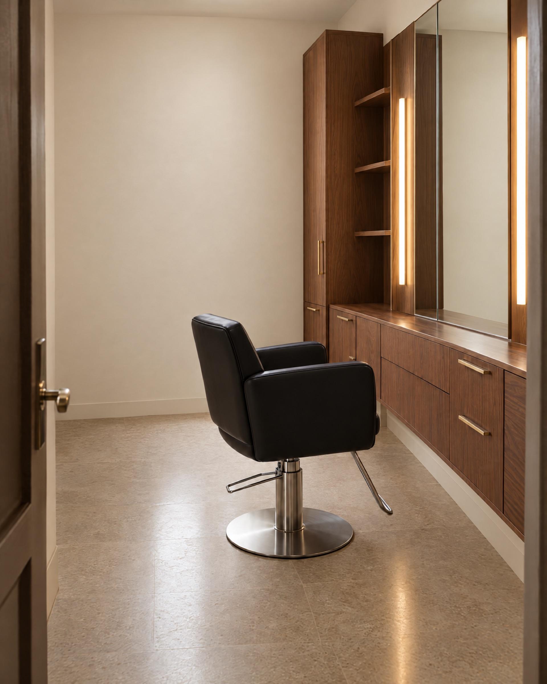 The standard Studio configuration: black styling chair, walnut-look cabinetry, mirror wall with vertical task lights, warm off-white walls, no window.