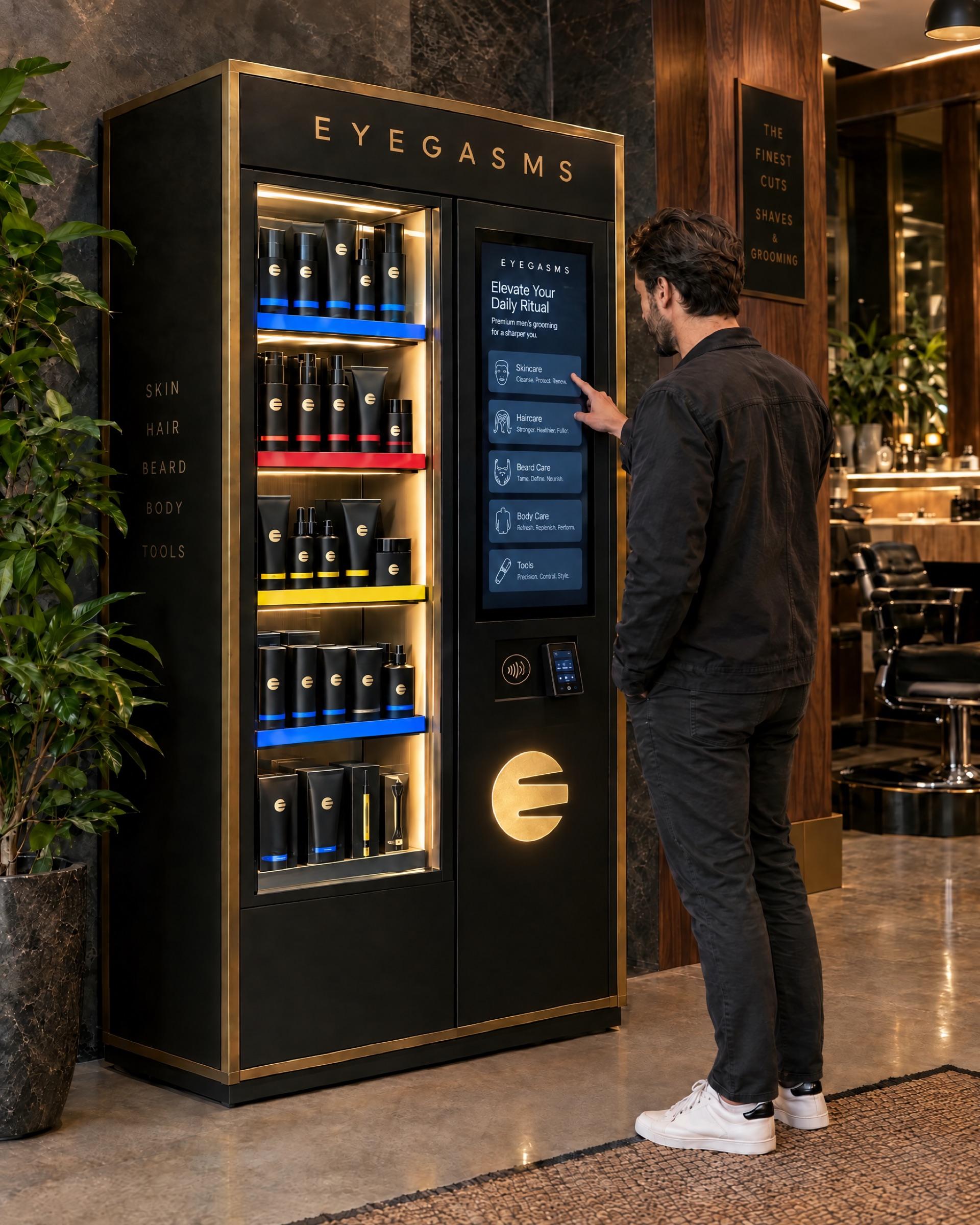 The Bar: un kiosco inteligente alto en negro mate y latón con el nombre EYEGASMS, repisas iluminadas con productos por categoría y color, una gran pantalla táctil, un lector de pago sin contacto y una E de latón iluminada; un hombre explora en la pantalla.