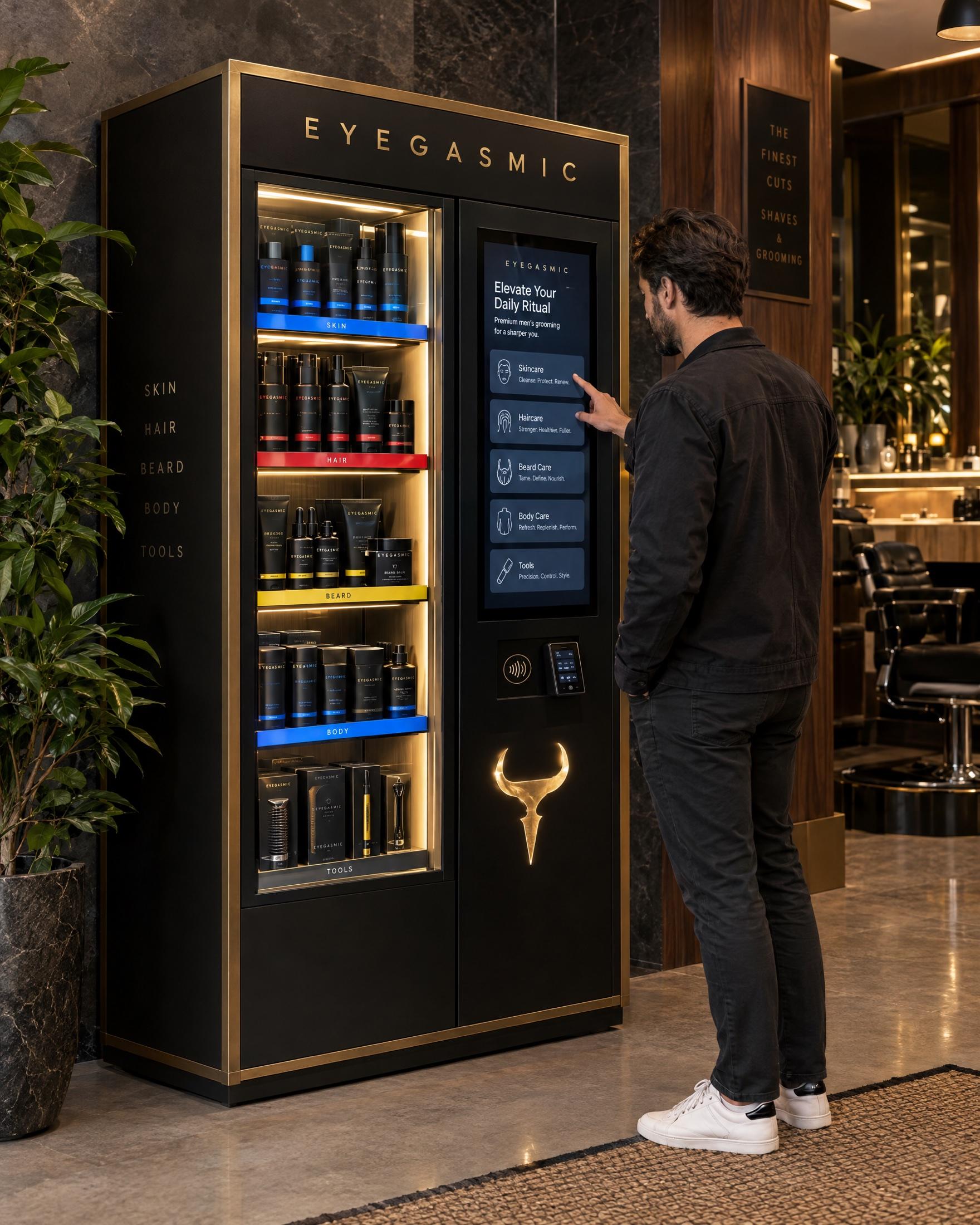 The Bar: a tall matte black and brass smart vending kiosk headed EYEGASMIC, with lit shelves of color-banded products by category, a large touchscreen, a contactless pay pad and a glowing brass horn; a man browses on the screen.