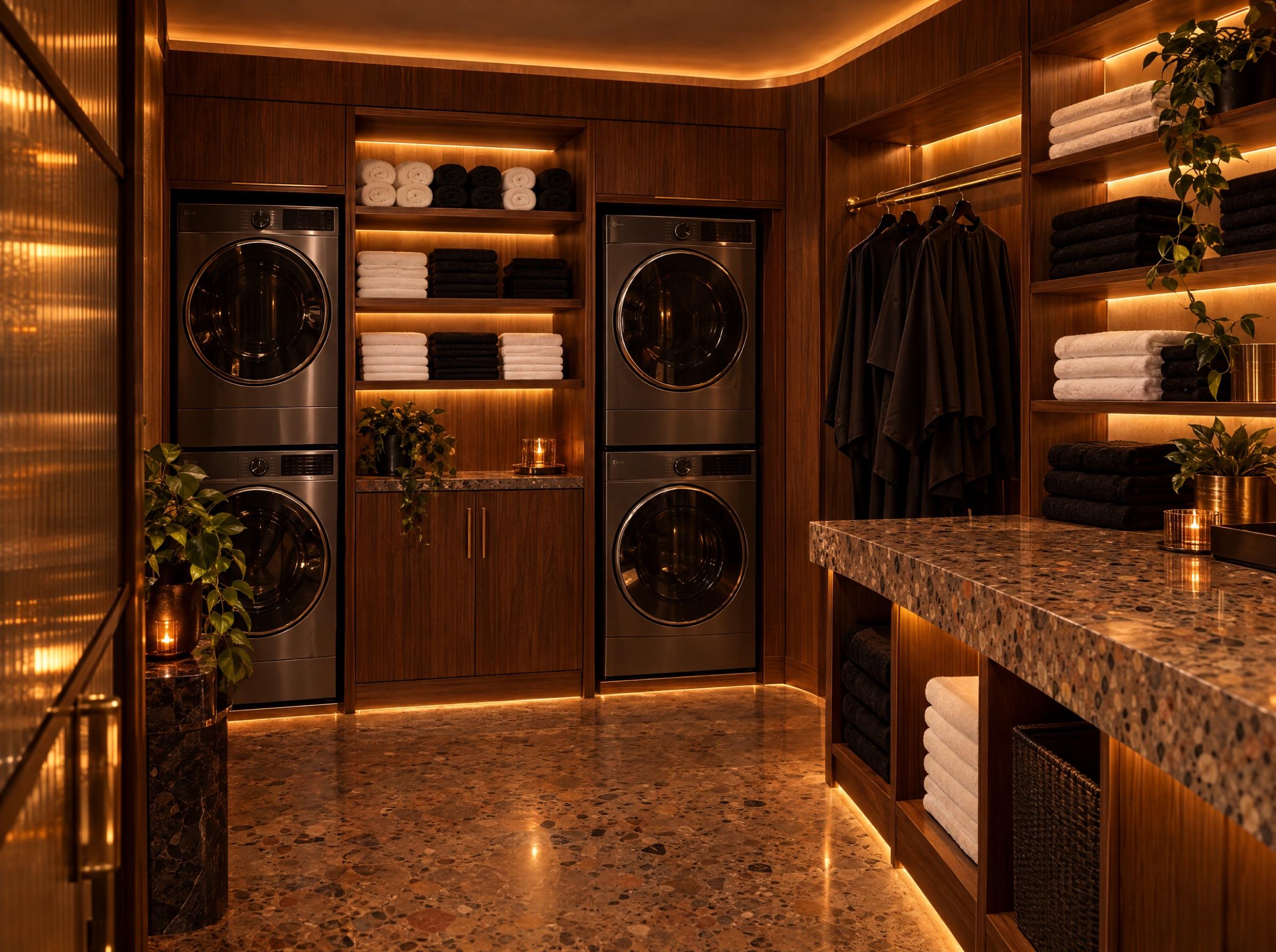 Backstage Laundry: stacked washers and dryers set into walnut cabinetry, shelves of folded black and white towels, a terrazzo folding counter.