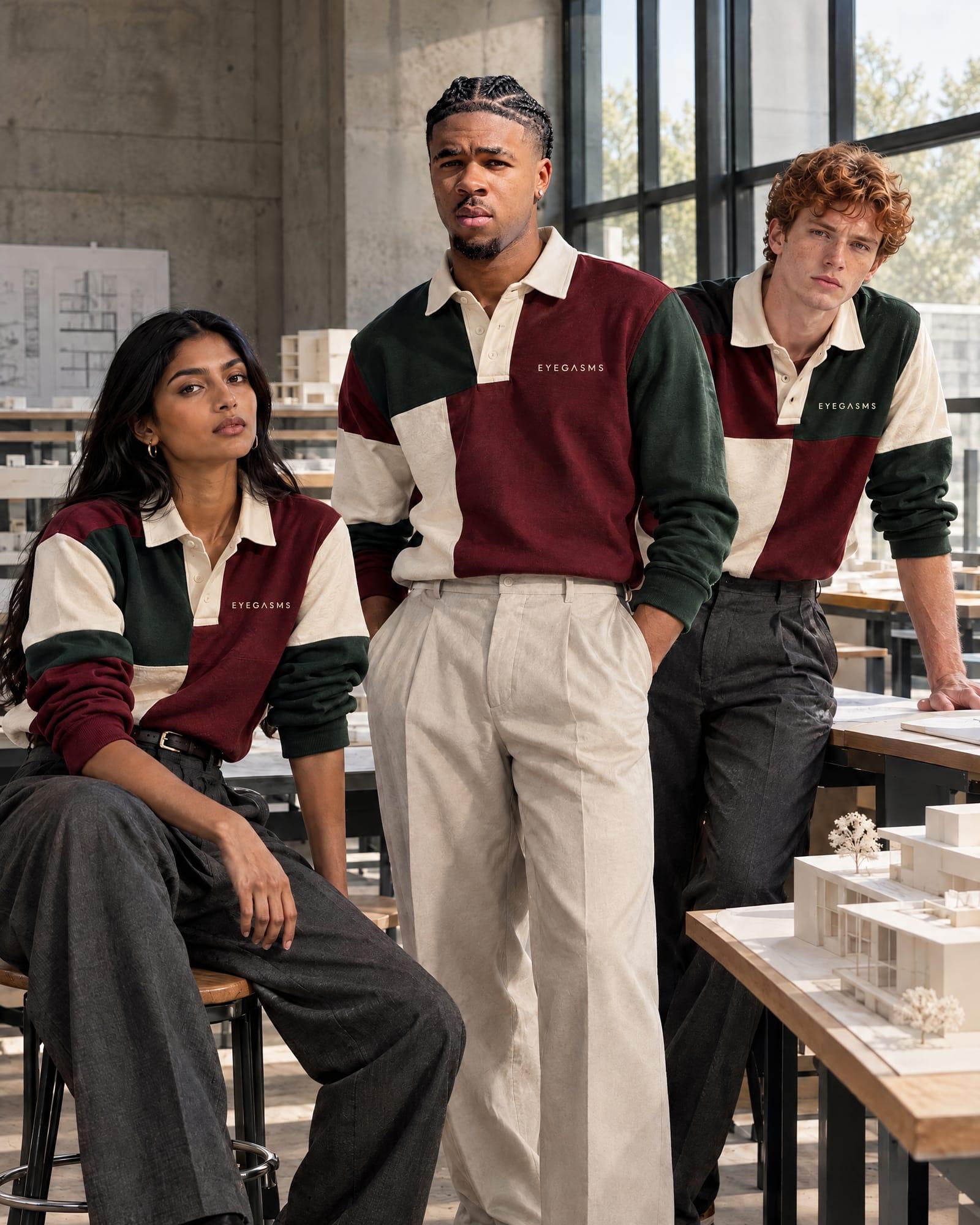 Three classmates in a concrete architecture studio, a South Asian woman, a young Black man with cornrow braids and a red-haired young man, in color-blocked oxblood, bone and forest-green rugby polos embroidered with the EYEGASMS wordmark.
