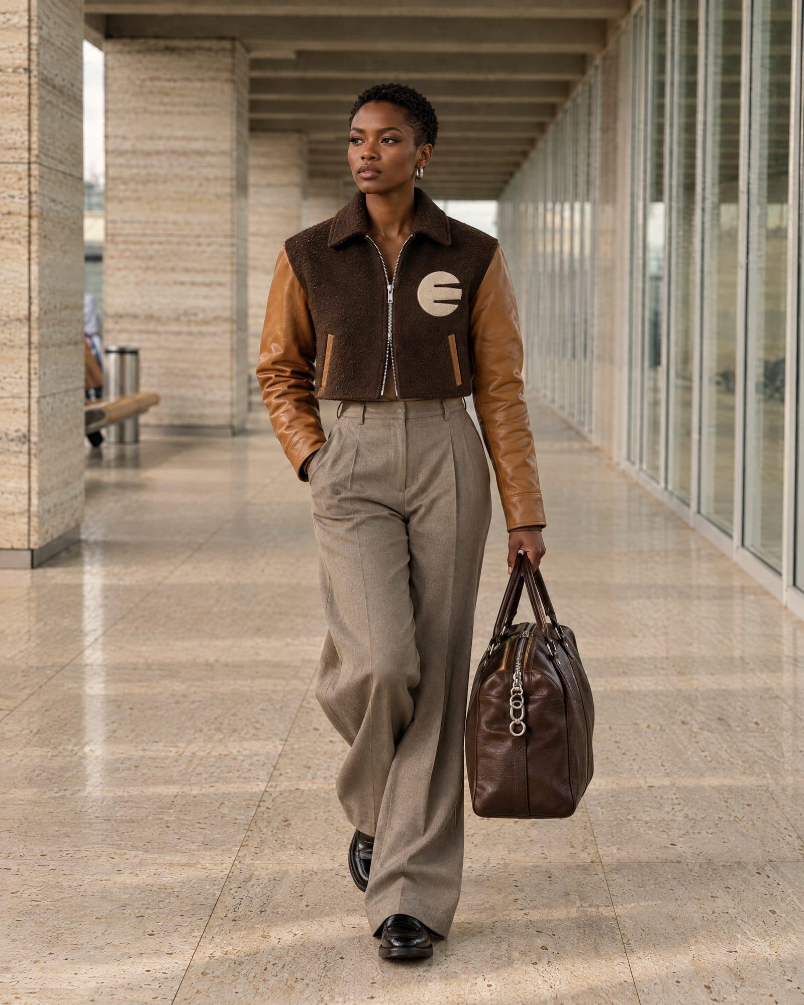 A Black woman with close-cropped natural hair walks through a travertine terminal in a cropped espresso letterman with tan leather sleeves and the bone chenille circle-E patch, high-waisted stone trousers and black loafers, carrying an espresso weekender.