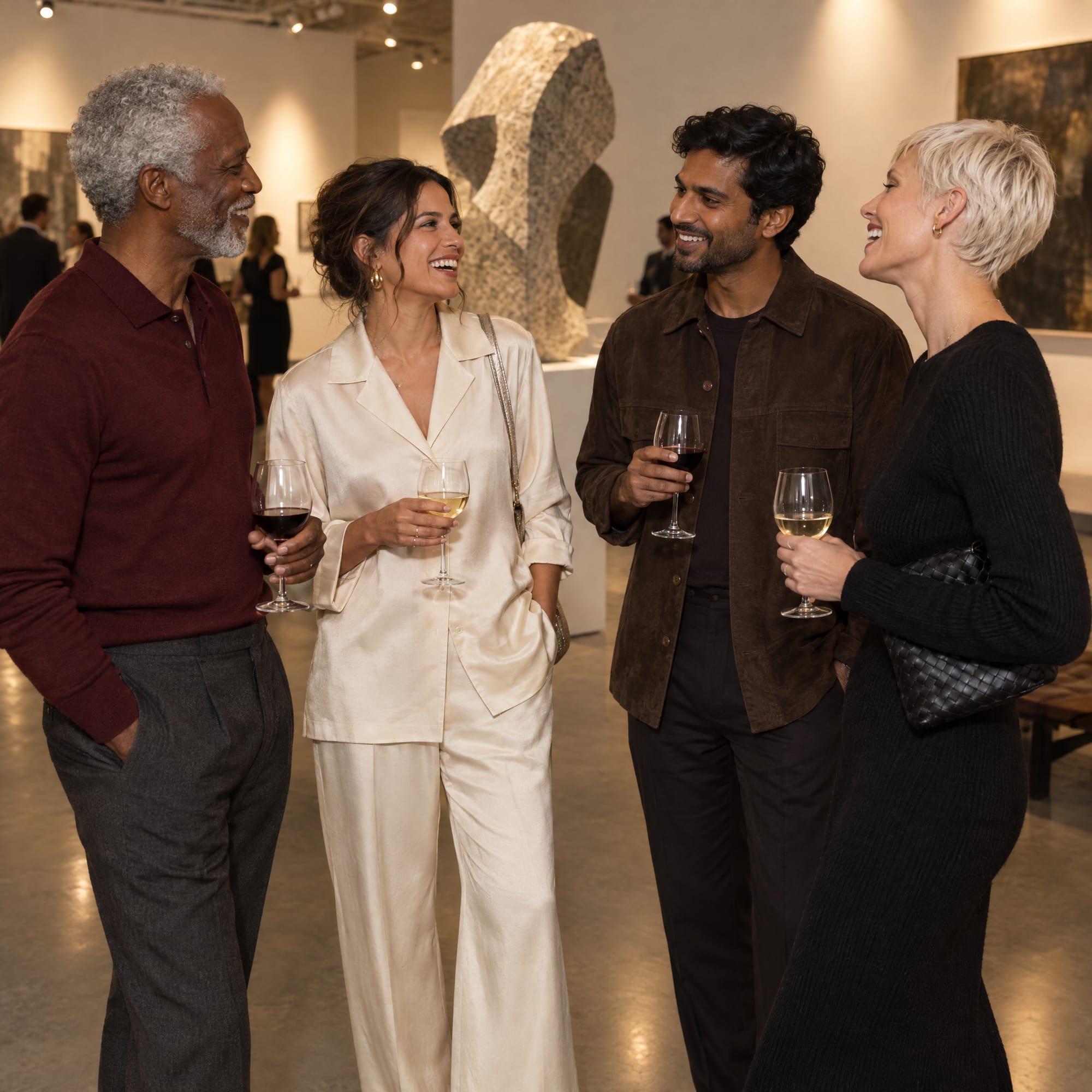 A gallery opening at night: a silver-haired Black man in an oxblood knit polo, a Latina woman in a bone silk set, a South Asian man in an espresso suede overshirt and a woman with a platinum pixie cut laugh together beside a stone sculpture.