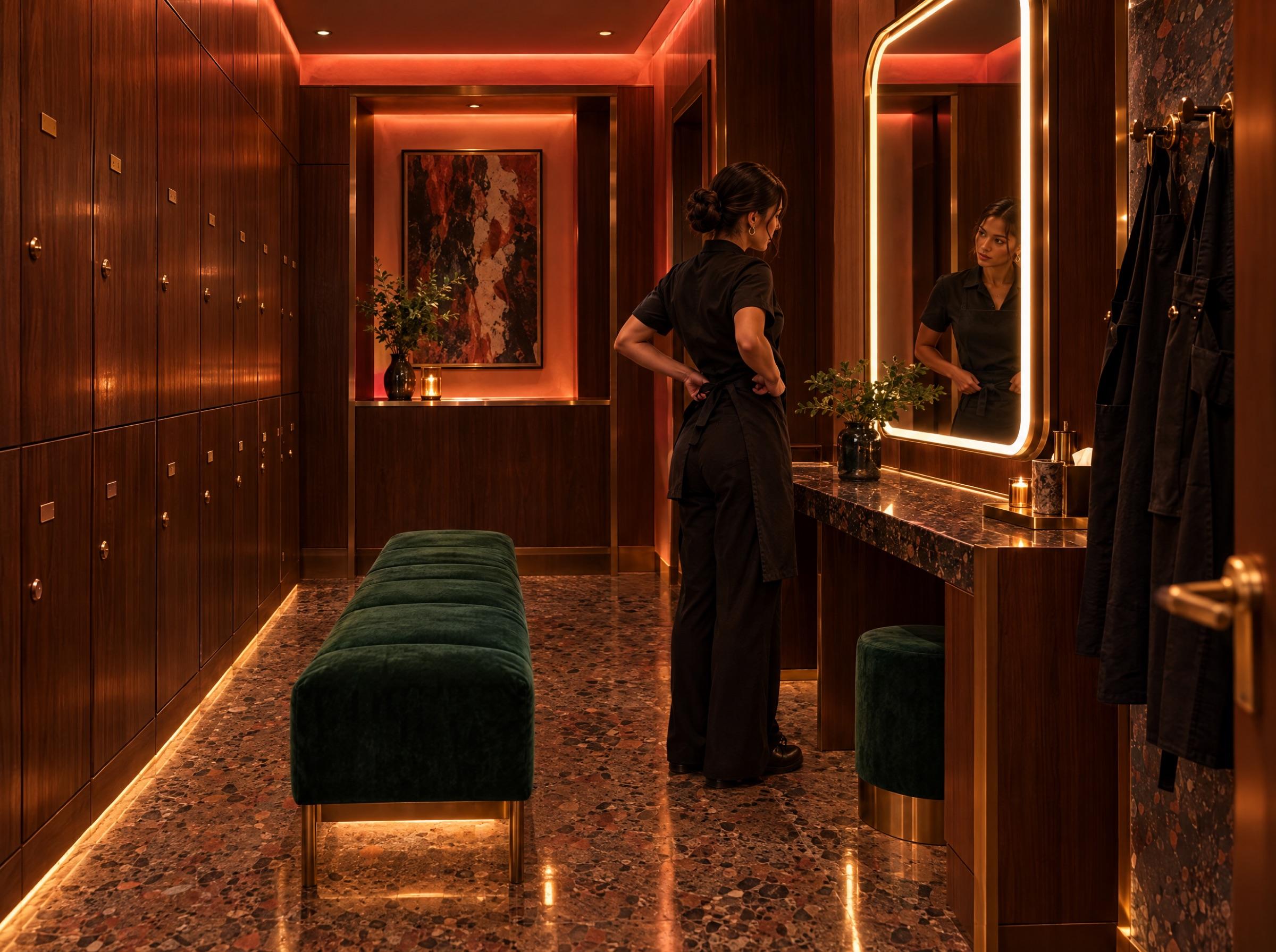 The Dressing Room: walnut lockers, a green velvet bench and a backlit mirror where a professional ties her apron before work.