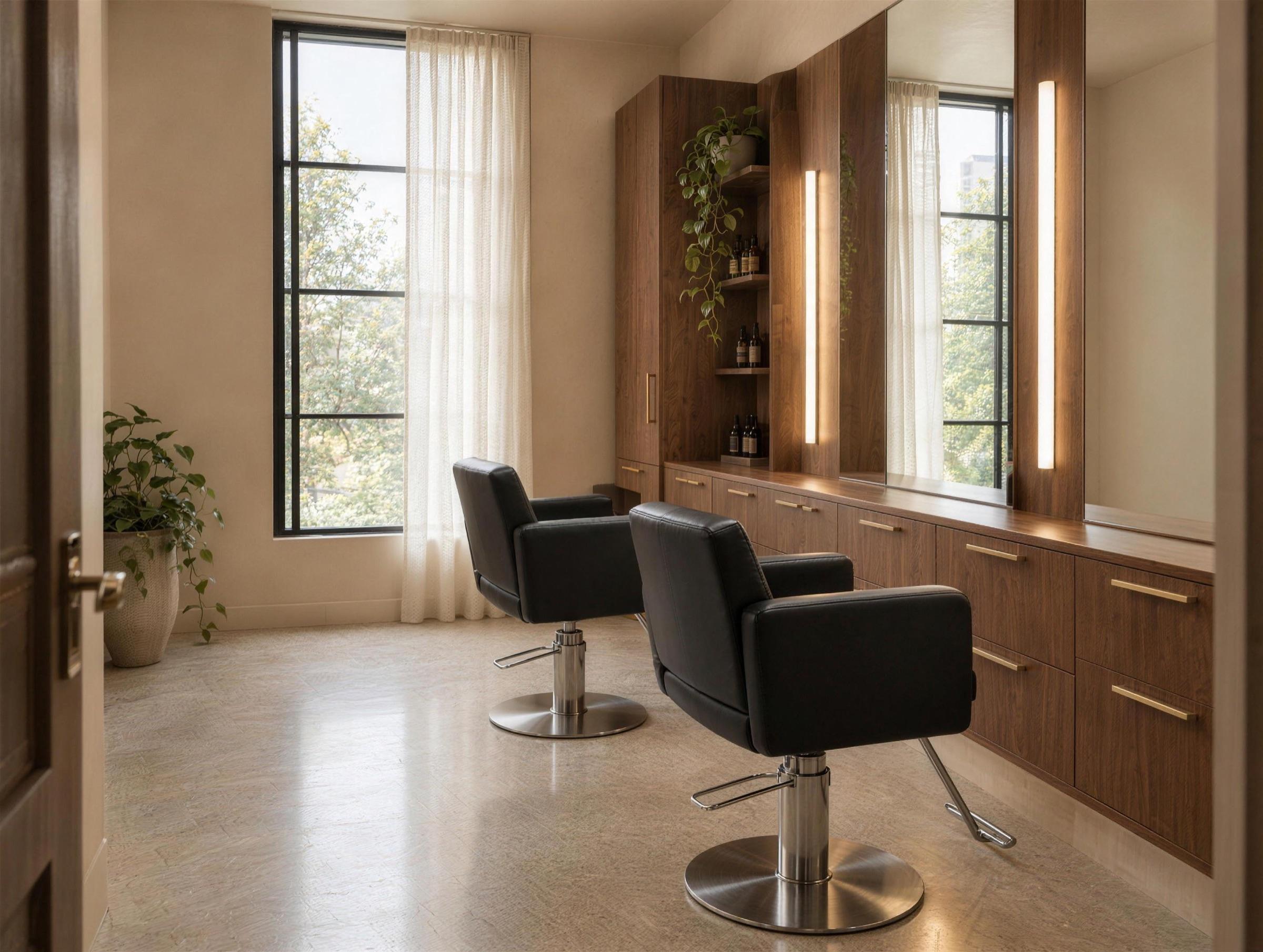 An empty two-person suite: two black styling chairs side by side, a shared walnut storage wall with lit mirrors, a tall window with sheer curtains.