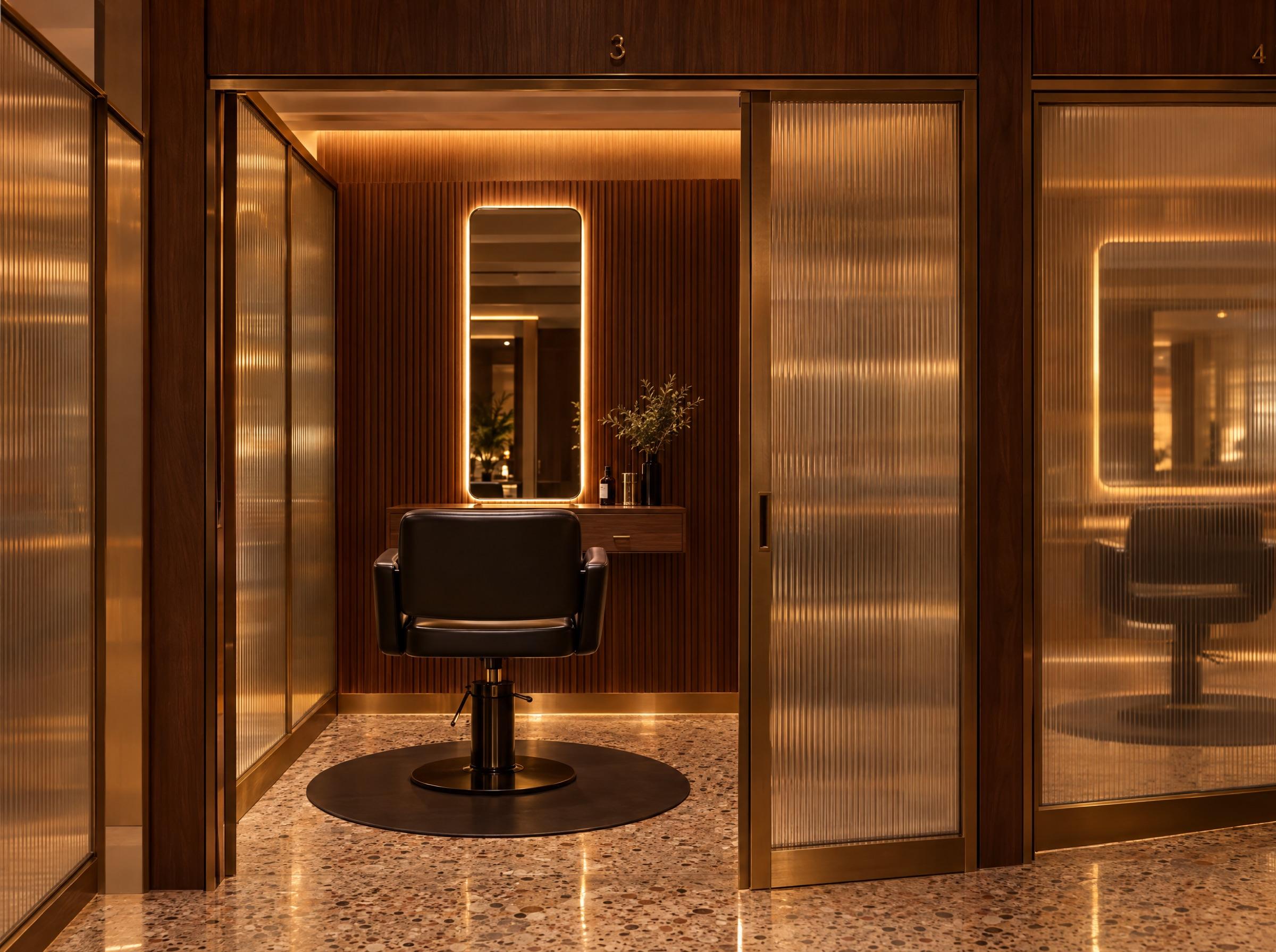 An empty Main Stage bay: reeded-glass partitions in slim bronze frames, a fluted walnut wall, a tall backlit mirror, a black hydraulic chair and a walnut console, the next bay glowing through the glass.