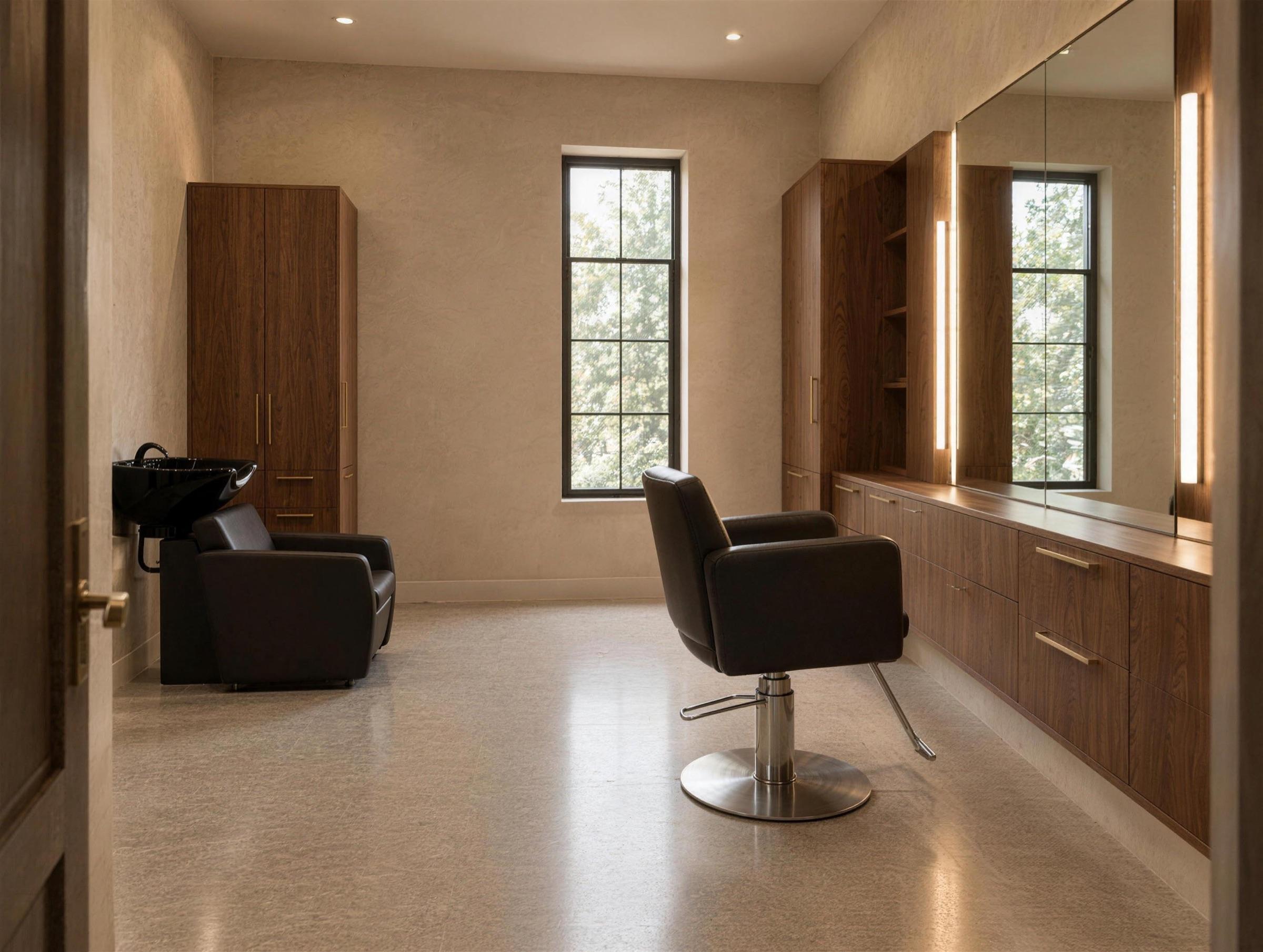 An empty larger private suite: one styling station with a tall lit mirror, shown with the optional in-suite shampoo bowl, walnut storage, limewash walls and a window.