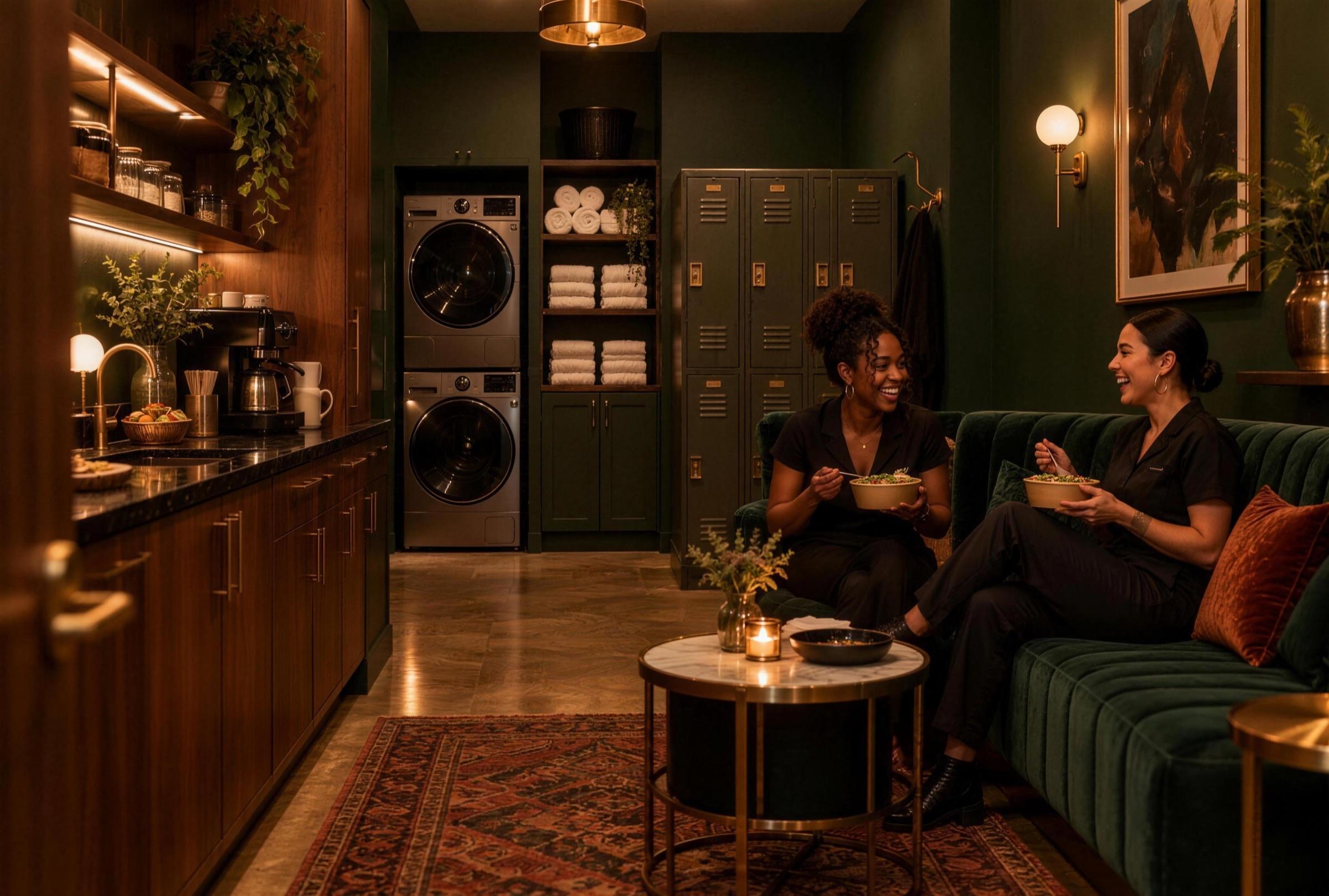 The Green Room: two professionals laugh over lunch on a velvet banquette beside a kitchenette, lockers, towels and a stacked washer and dryer.