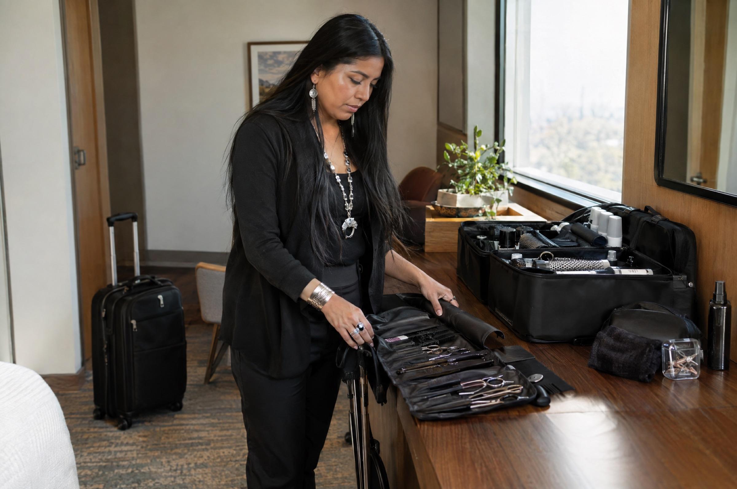 A visiting hairstylist unpacks her tool roll onto a walnut counter on the first morning of a Guest Stage.