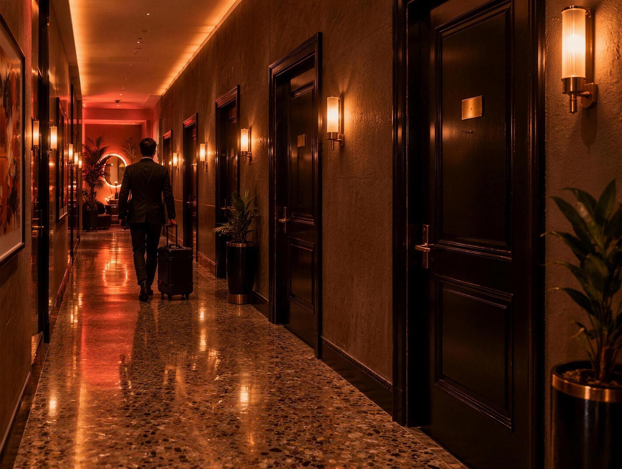 A visiting professional rolls a kit case down the intimate suite corridor, black doors and brass sconces on either side.