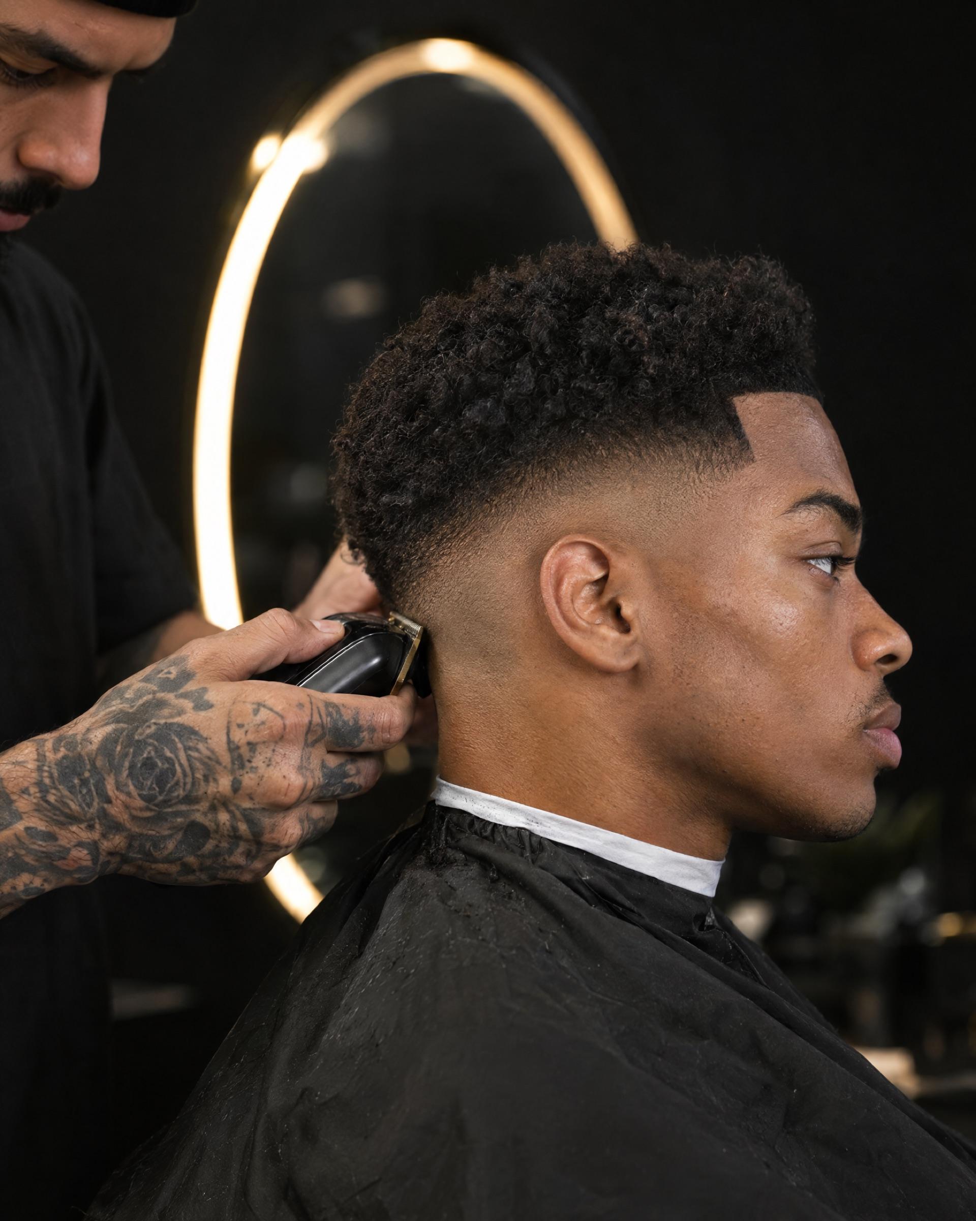 Primer plano: la mano tatuada de un barbero termina un skin fade con máquina en un joven de perfil, con un espejo ovalado iluminado detrás.