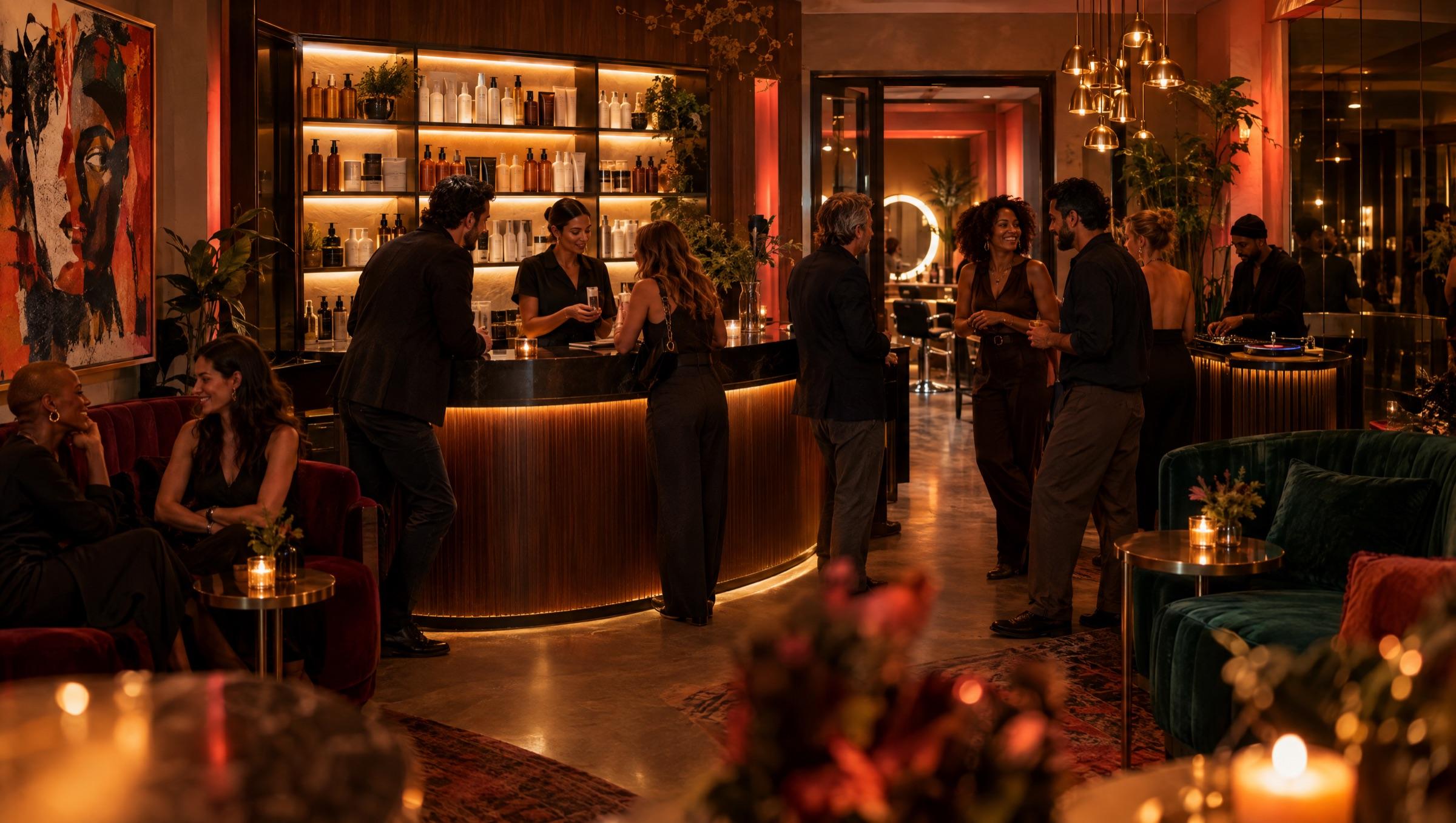The lounge at night: a compact curved walnut product bar with glowing shelves, small groups talking and laughing, velvet seating, candlelight, the suite corridor glowing coral behind.